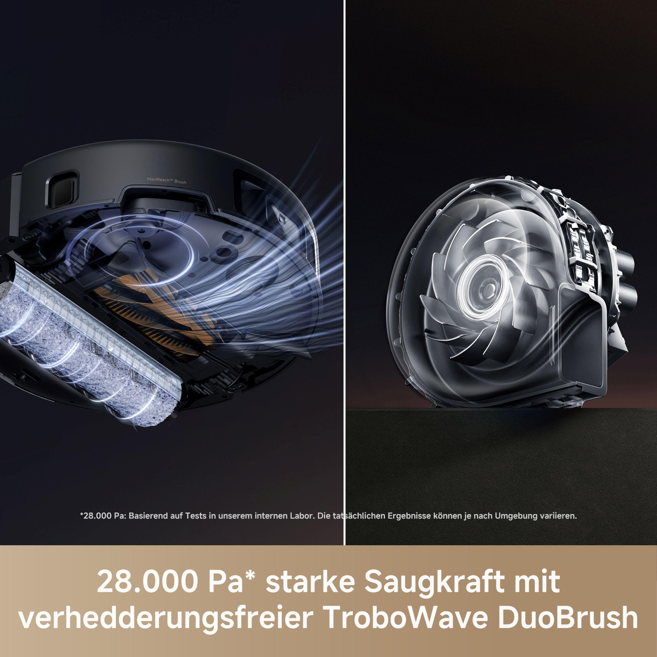 Staubsaugerteile werden mit transparenten Overlays dargestellt. Text lautet 28.000 Pa starke Saugleistung mit verhedderungsfreier TroboWave DuoBrush.