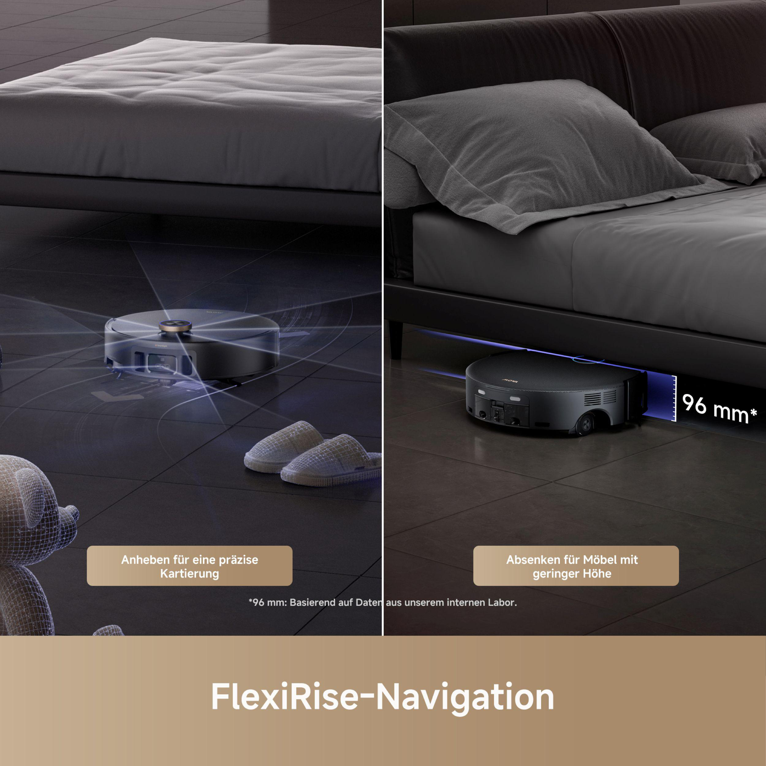 Ein Roboter-Staubsauger unter einem Bett. Das Bild zeigt die Fähigkeit des Staubsaugers, unter Möbeln zu navigieren.