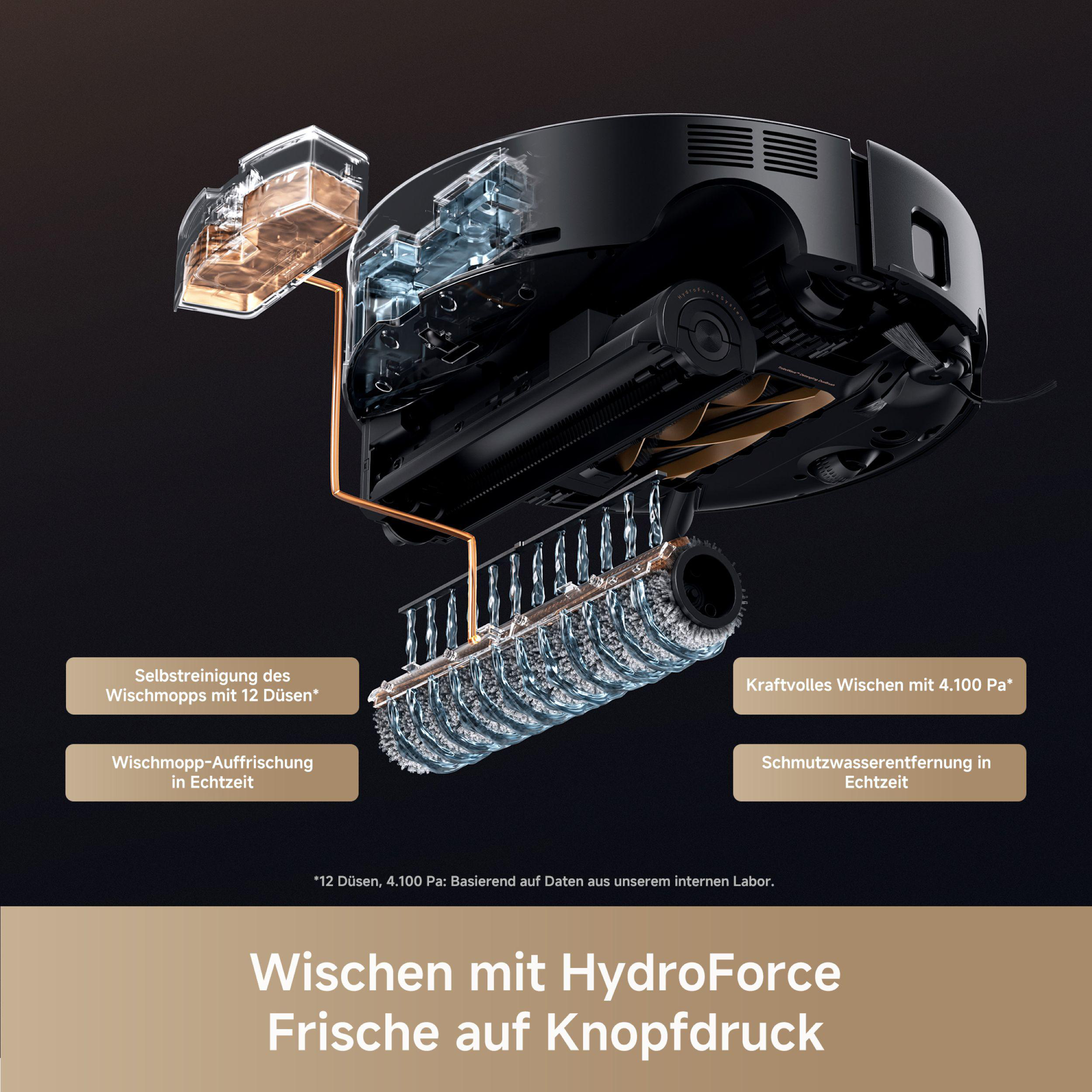 Explosionsansicht eines schwarzen Roboter-Staubsaugers mit Wassersprühtechnologie, Reinigungseigenschaften.