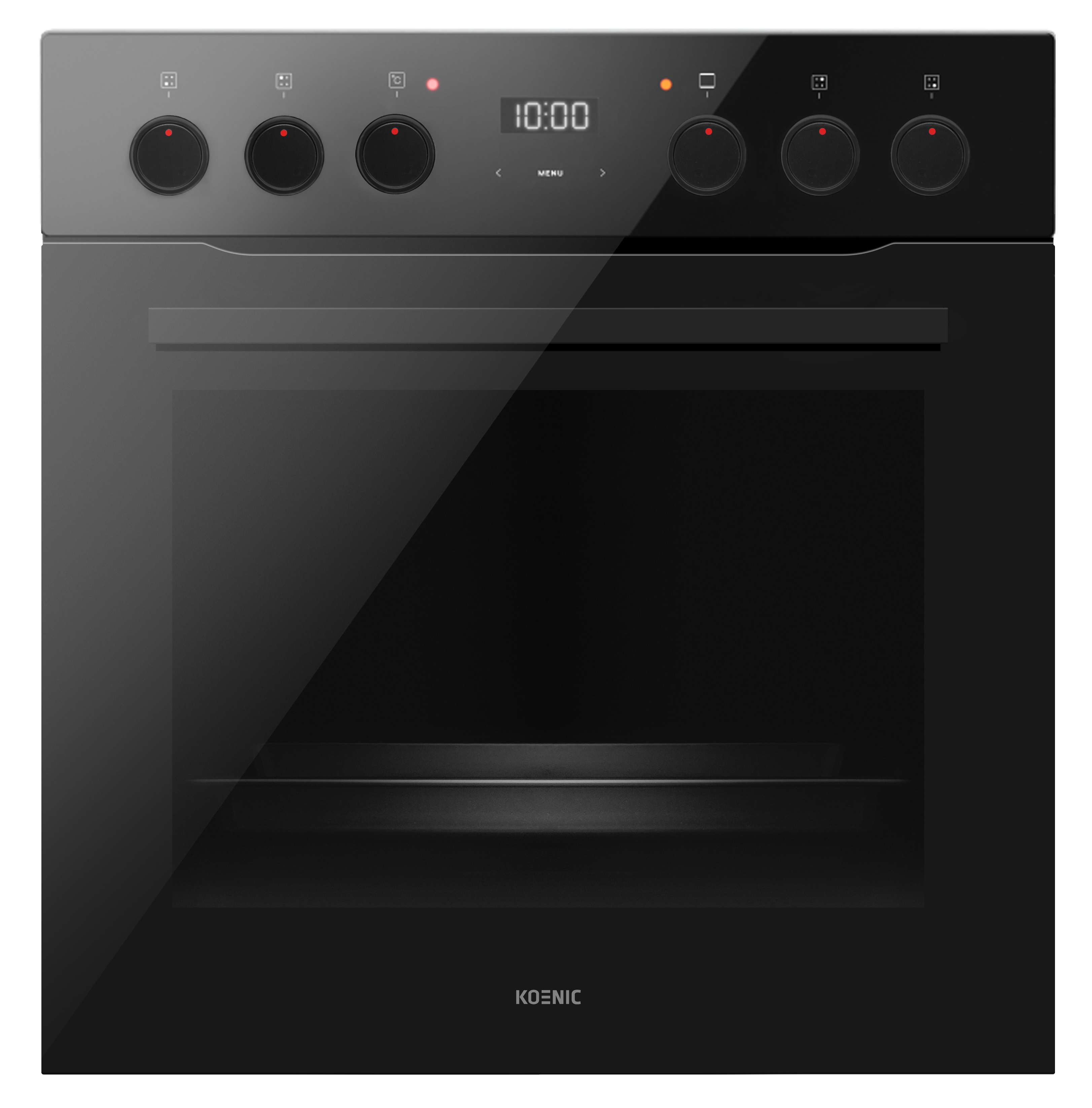 Schwarzer Backofen mit Knöpfen, Digitalanzeige 10:00 und der Marke KOENIC.