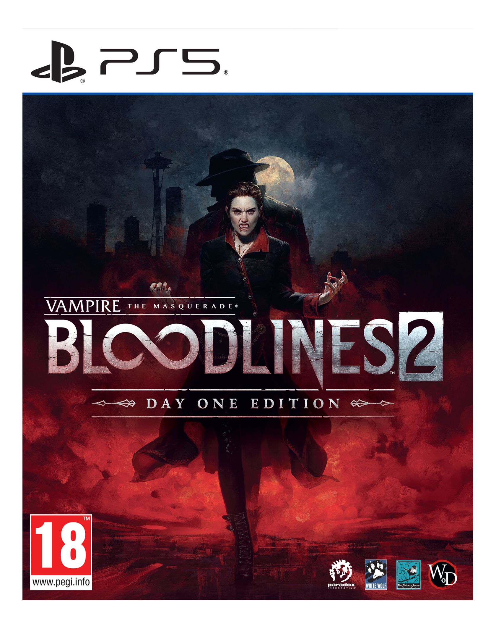 Cover-Art für Vampire: The Masquerade - Bloodlines 2. Zeigt Vampir mit Fangzähnen, dunkle Figur und PS5-Logo.