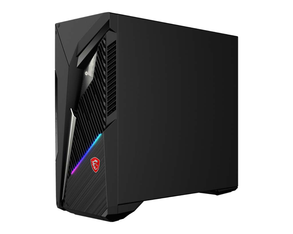 Ein schwarzes MSI-Gaming-PC-Gehäuse. Es hat scharfe Winkel, eine strukturierte Frontplatte und das MSI-Logo. RGB-Lichter sind sichtbar.
