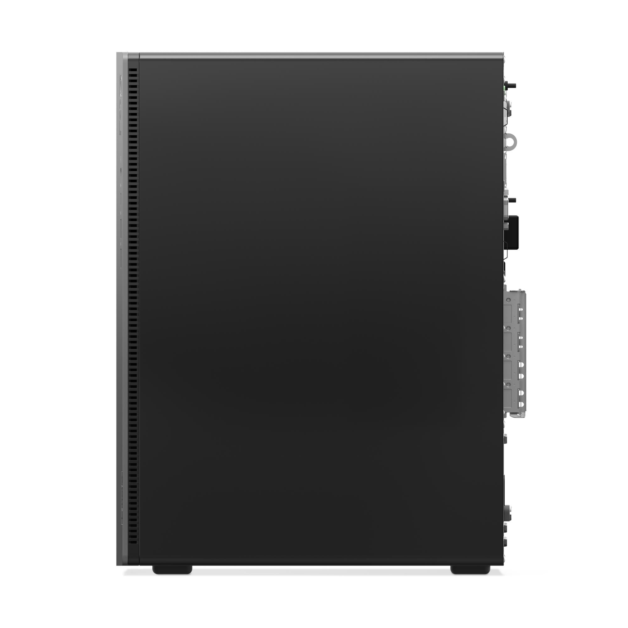Seitenansicht eines schwarzen Desktop-Computers. Die Vorderseite ist glatt, die Seite hat Belüftung. Der Hintergrund ist weiß.