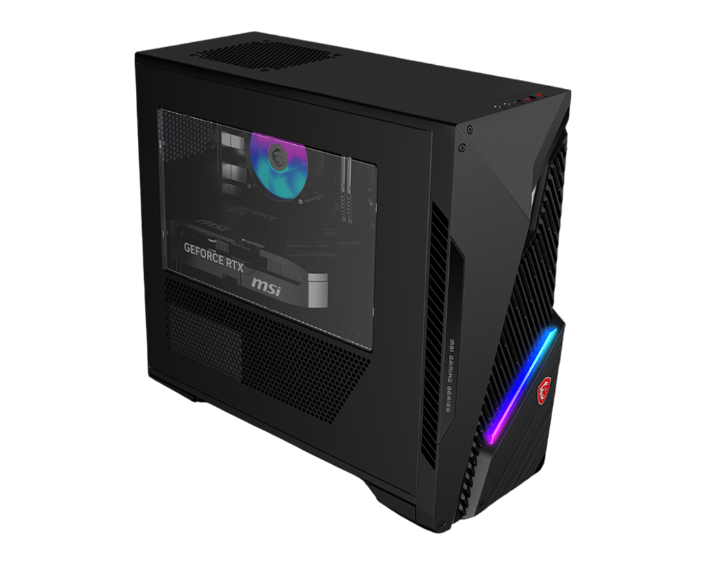 Schwarzer MSI Gaming-Desktop-PC. Die Seitenwand ist transparent und zeigt die internen Komponenten. Mit RGB-Beleuchtung vorne.