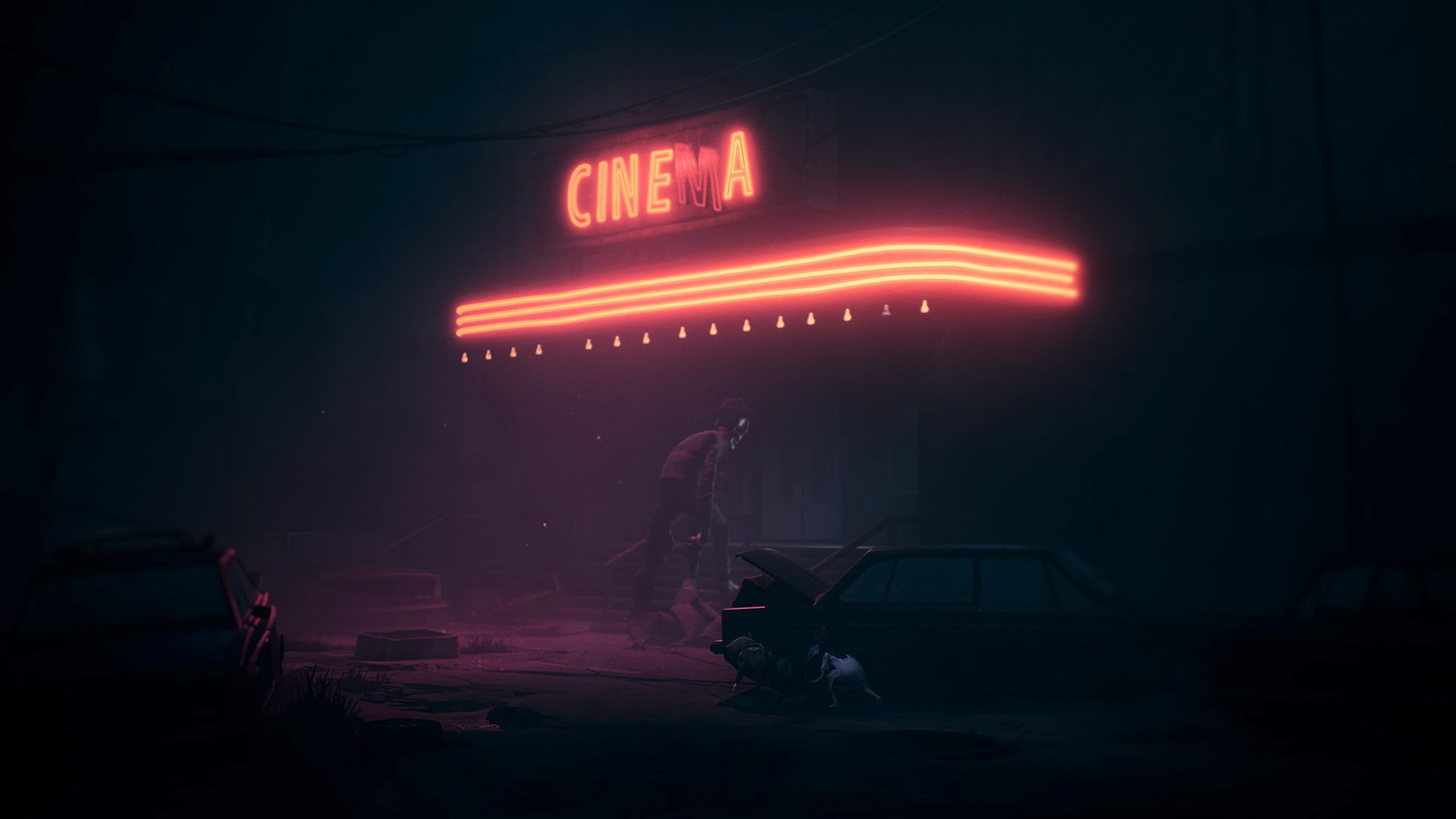 Ein Neon-Schild mit der Aufschrift 'CINEMA'. Eine Figur steht vor einem Theater, Autos sind geparkt, und zwei Hunde sind im Vordergrund.