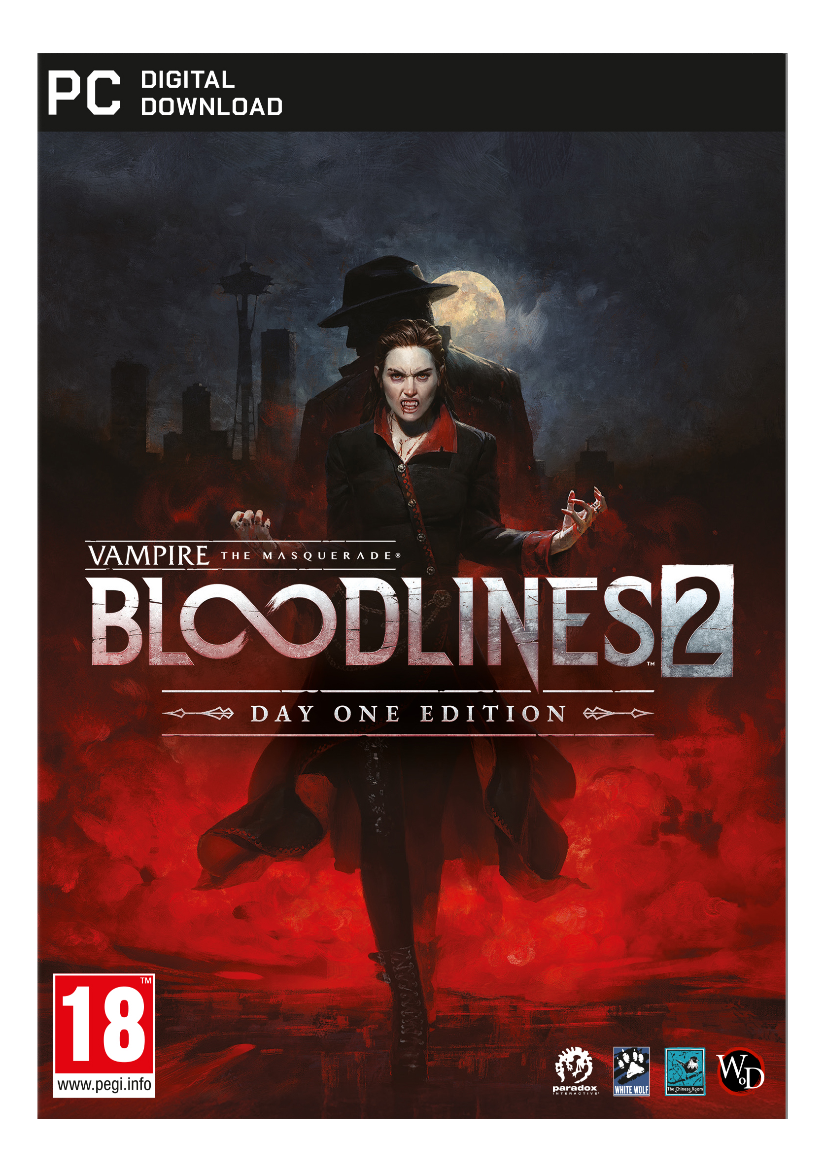 Spielcover. Eine Vampirfrau mit Fangzähnen, eine Figur mit Hut und eine Stadtlandschaft. Der Titel lautet 'Bloodlines 2'.