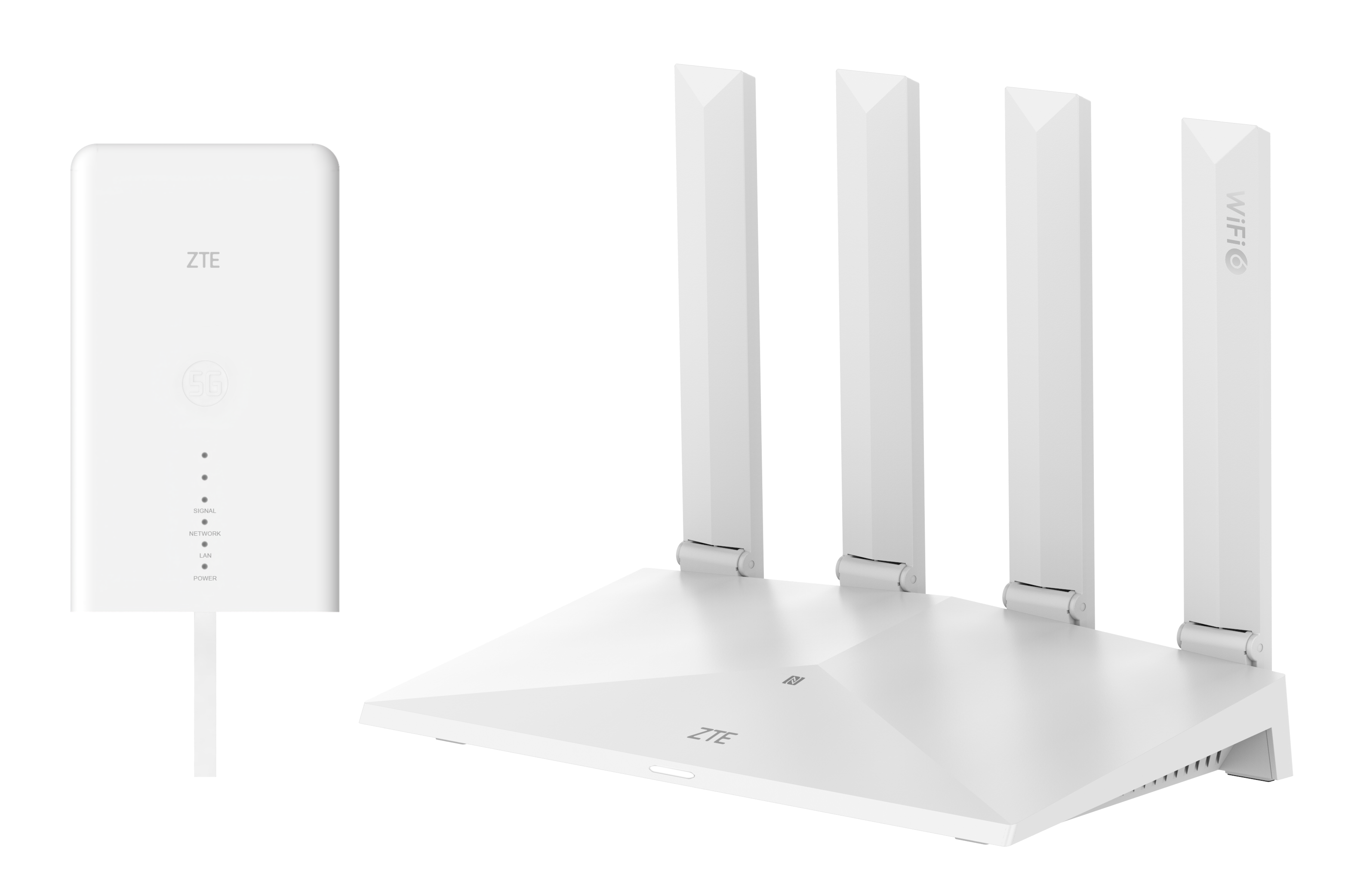 Biały router ZTE 5G z antenami i oddzielnym urządzeniem. Router ma cztery anteny i logo Wi-Fi 6.