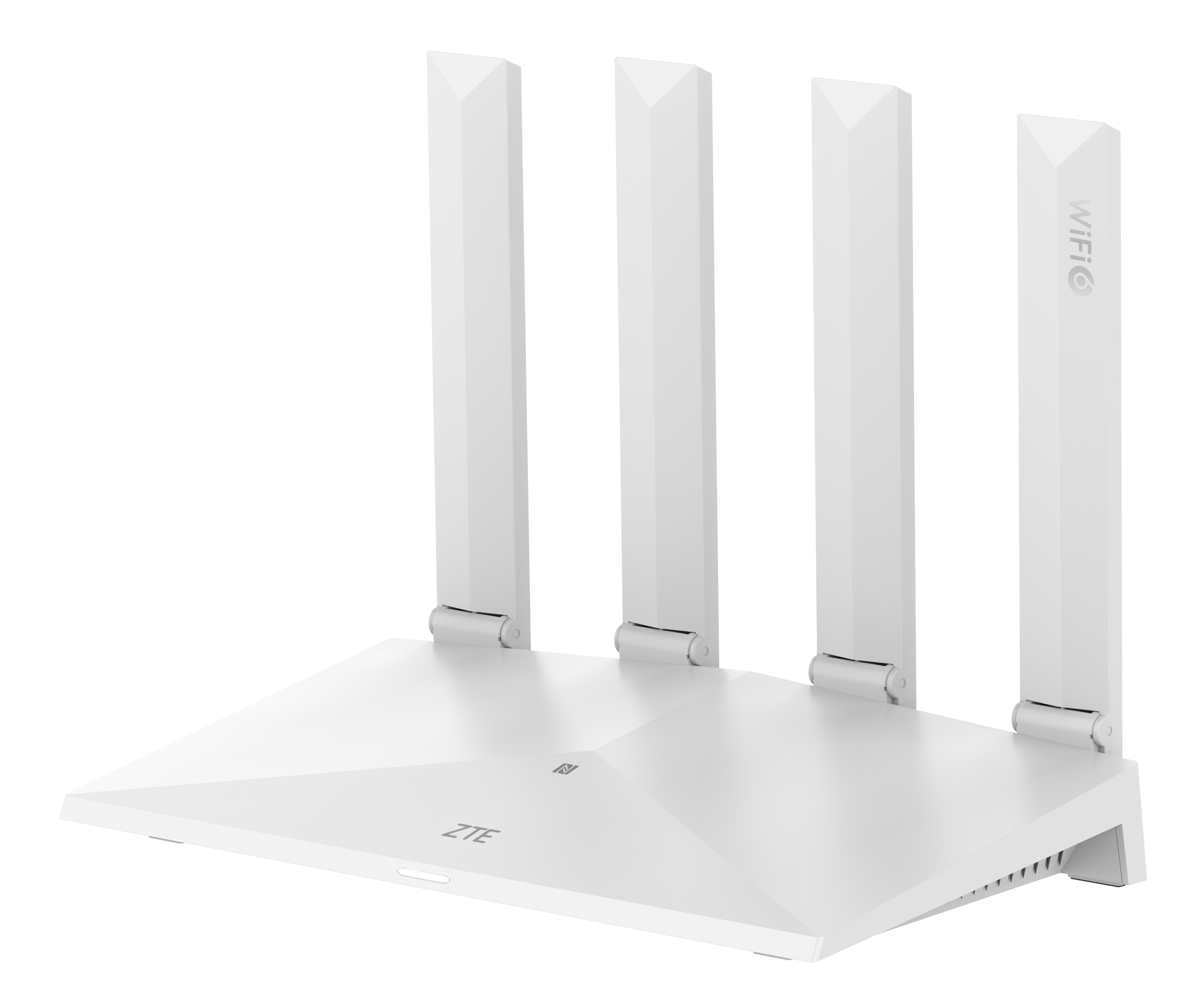 Biały router ZTE WiFi 6 z czterema antenami. Router jest na czarnym tle. Widoczne jest słowo WiFi6.