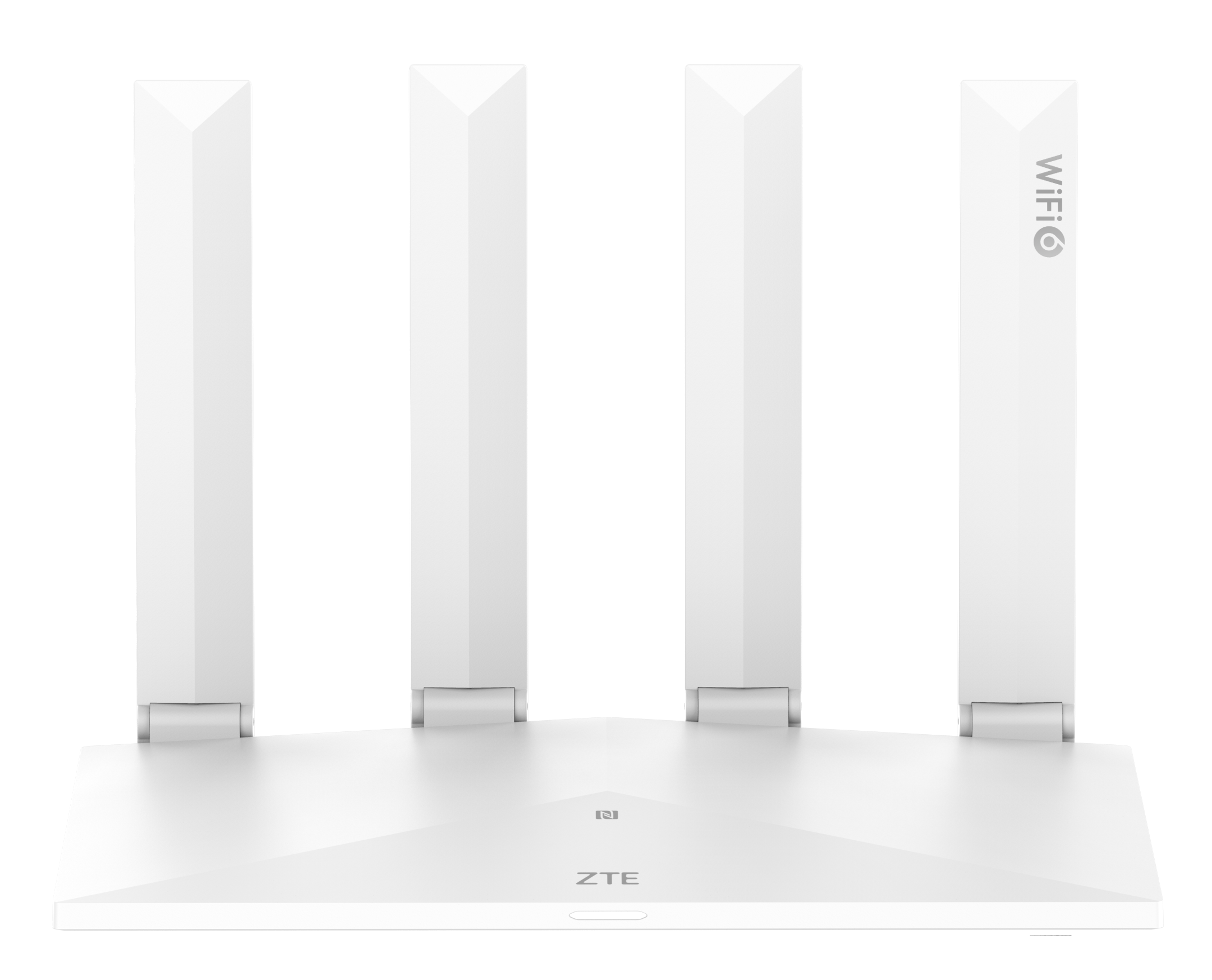 Biały router ZTE WiFi 6 z czterema antenami jest wyświetlany na czarnym tle.