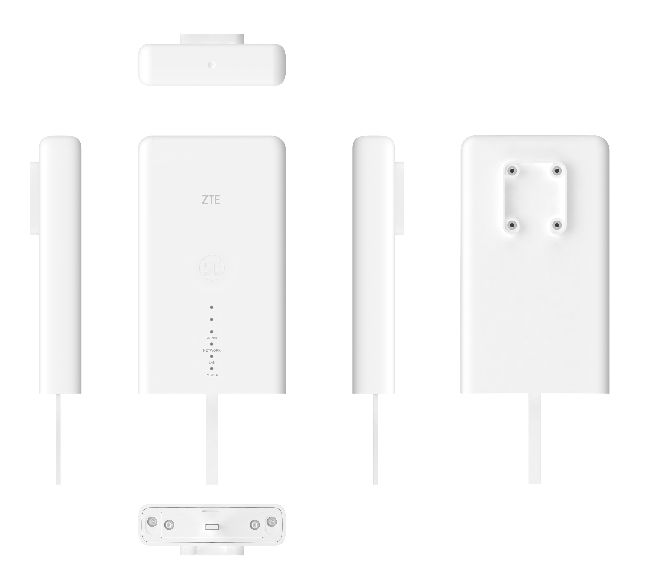 Białe urządzenie ZTE 5G, wiele widoków. Główny widok pokazuje przód z logo ZTE, symbolem 5G i lampkami kontrolnymi.