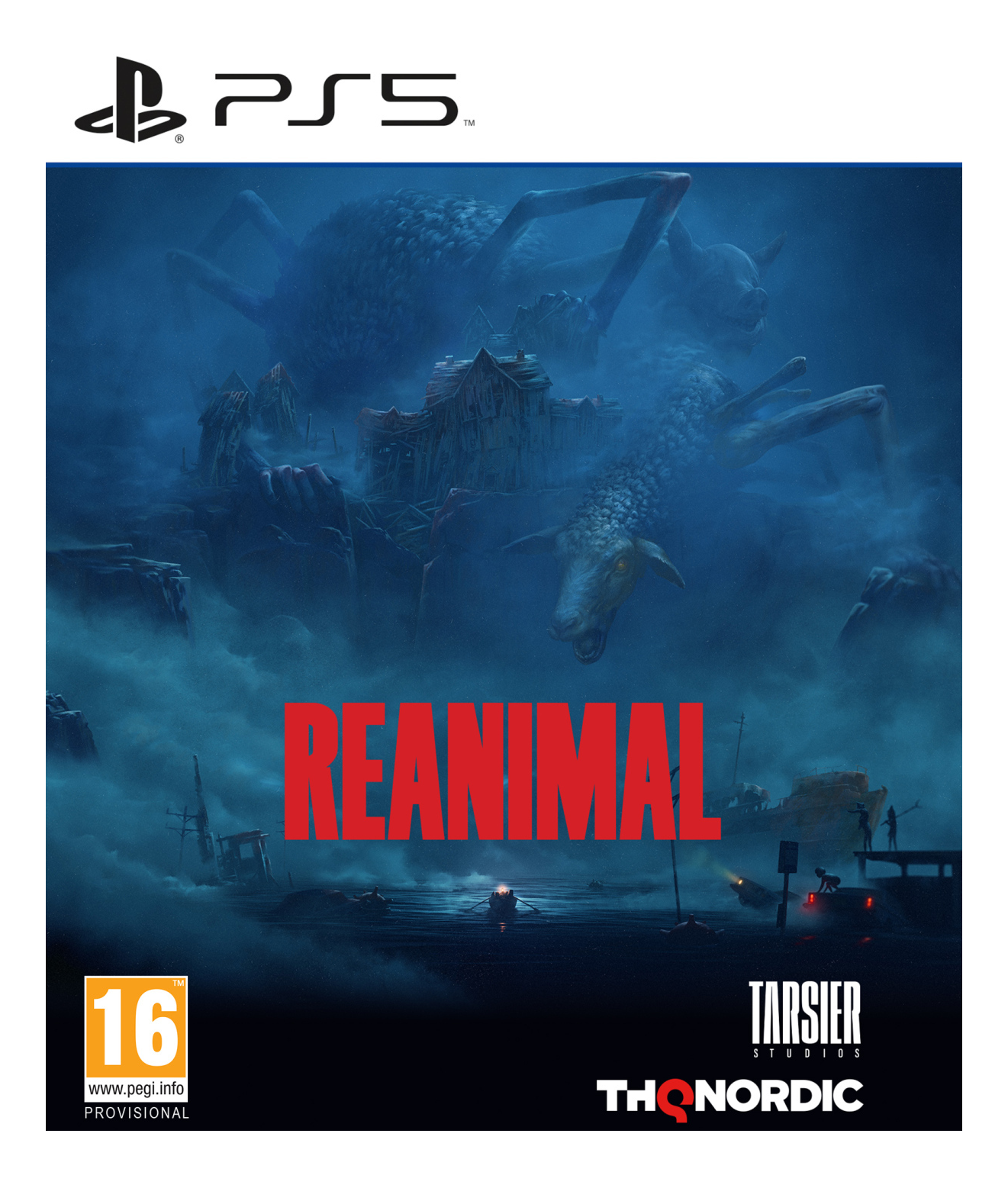 La jaquette de Reanimal montre une créature semblable à un mouton, des bâtiments et le titre. Logo PS5 en haut. Classification PEGI 16 en bas.