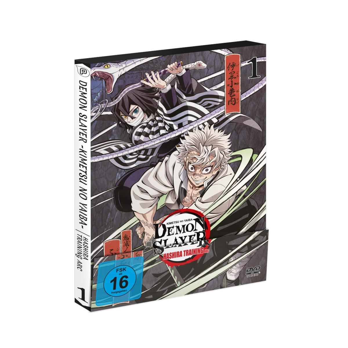 DVD-Cover von Demon Slayer. Zwei Charaktere mit Schwertern werden gezeigt. Das Cover hat Text und einen blauen FSK-16-Aufkleber.