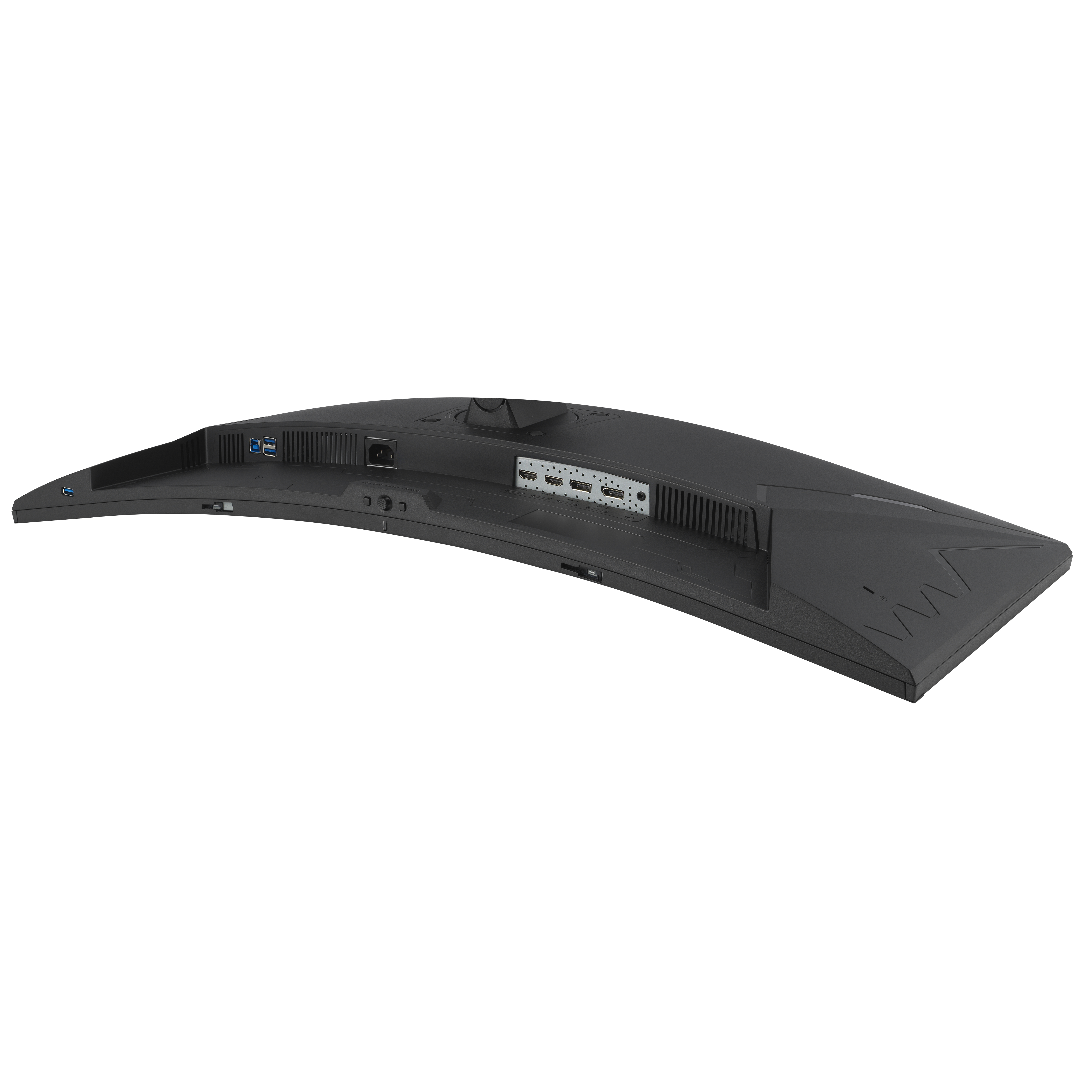 Rear view of a curved black monitor. Ports include USB, HDMI, and power input. Isolated on white background.