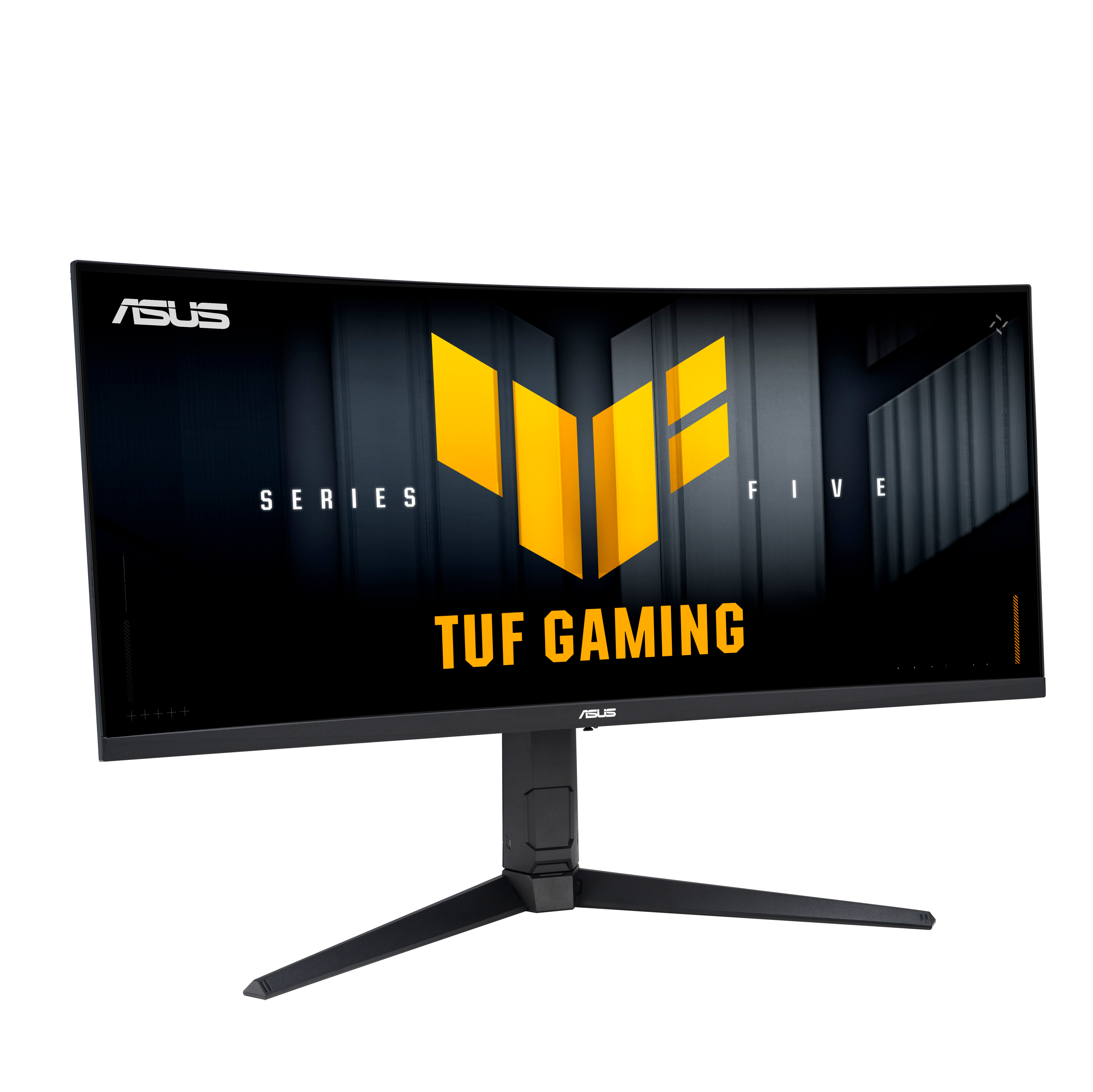 A curved ASUS TUF Gaming monitor. The screen displays the TUF Gaming logo. The monitor is on a black stand.