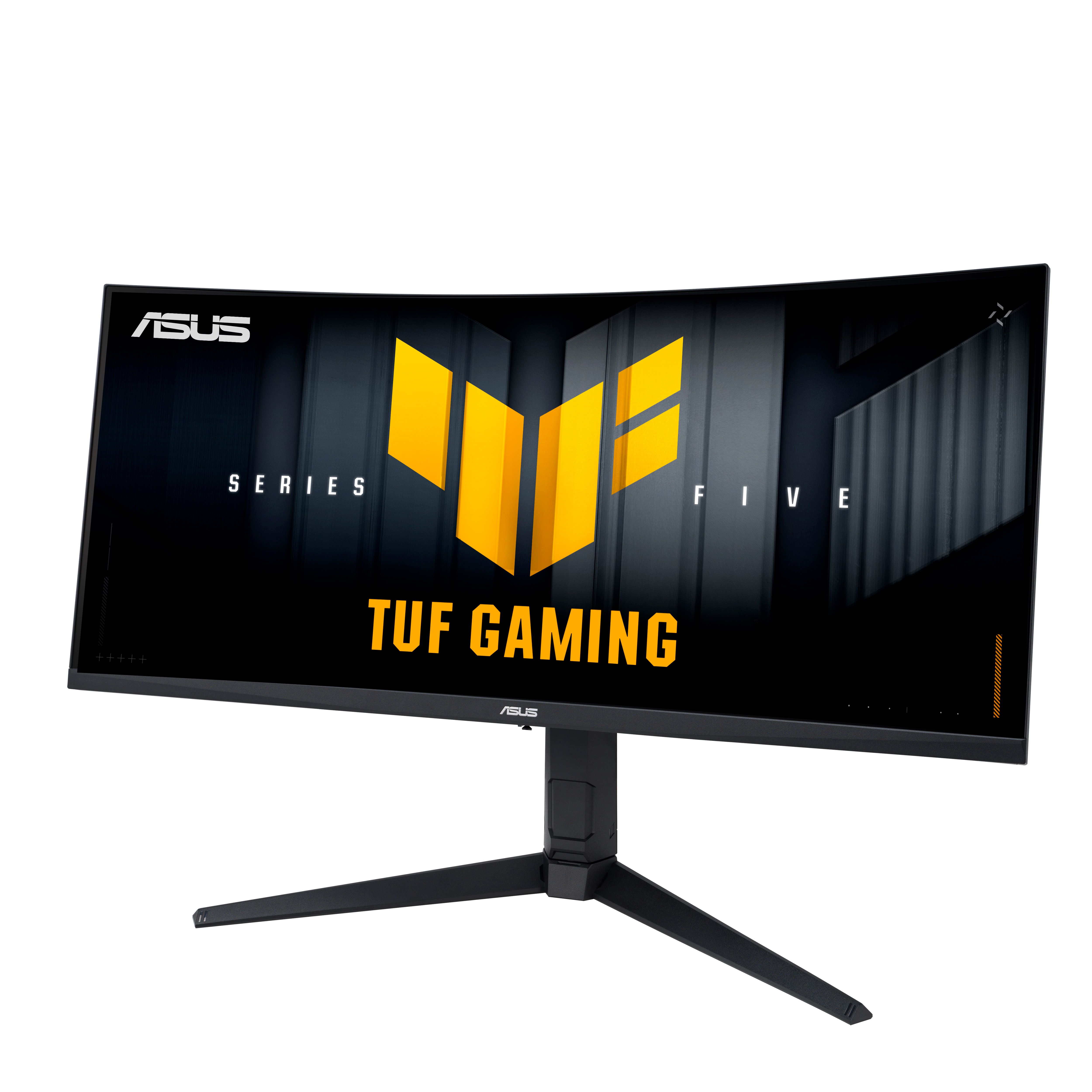 A curved ASUS TUF gaming monitor. It has a black frame, yellow logo, and a black stand.