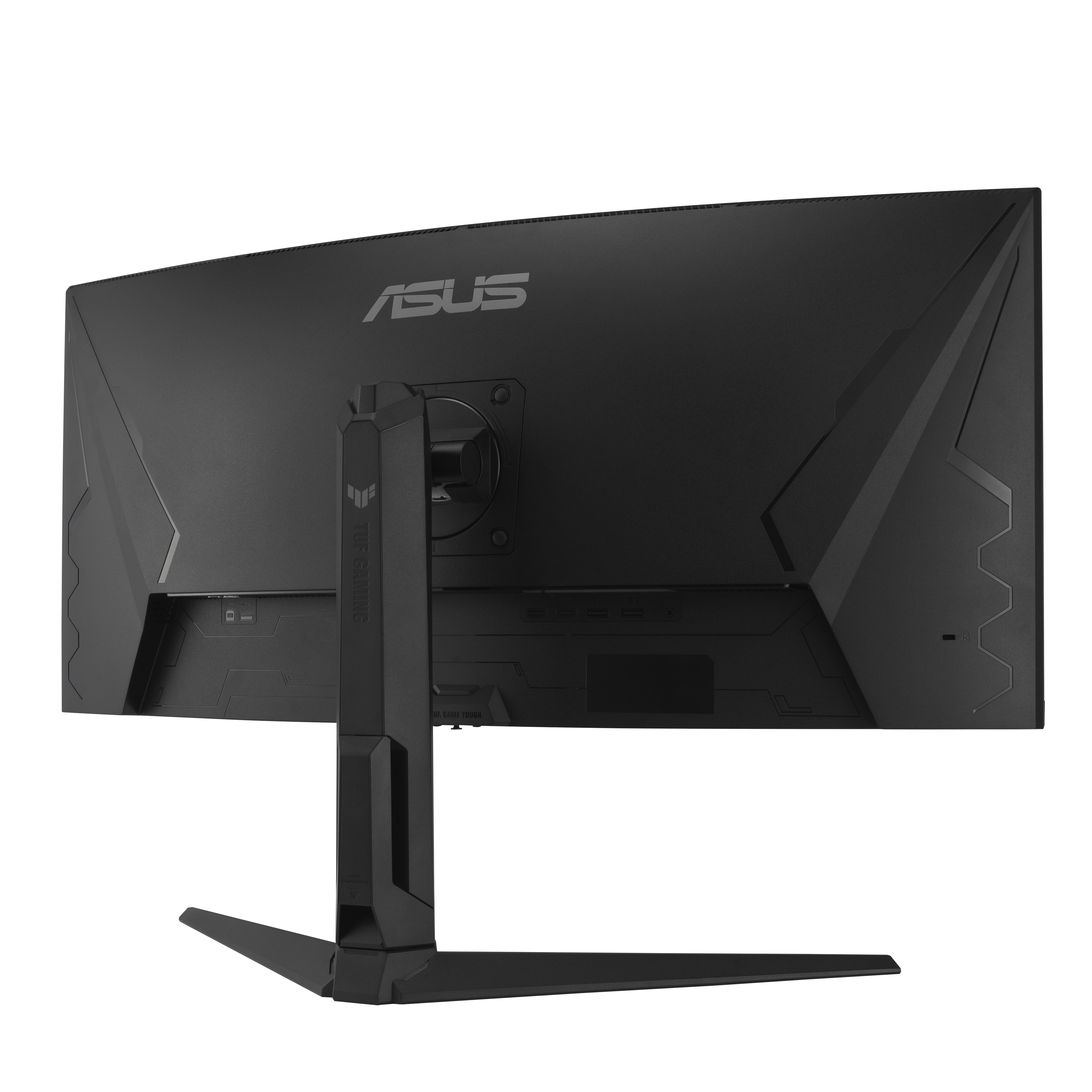 Back of a black curved ASUS monitor with stand. ASUS logo is visible. The stand has a wide base.