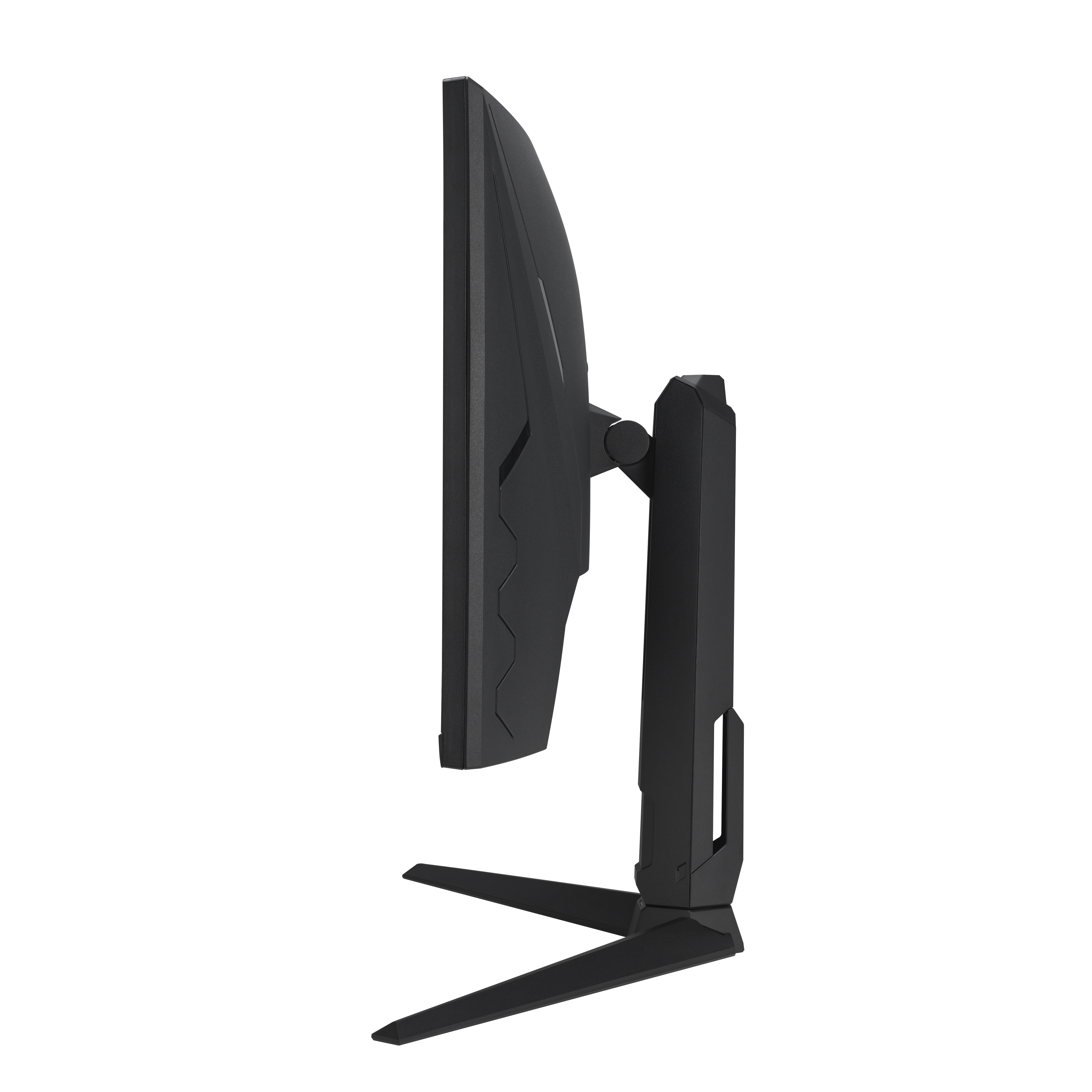Side view of a black computer monitor. It has a stand and a thin bezel. The background is white.