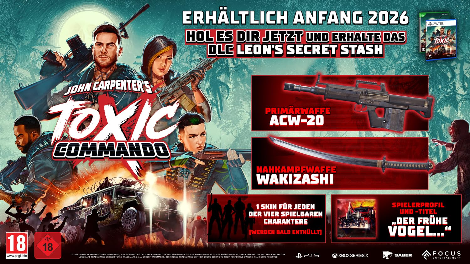 Affiche du jeu 'Toxic Commando'. Présente des personnages avec des armes, des détails du jeu. Inclut le logo, les infos de sortie et les logos de plateforme.