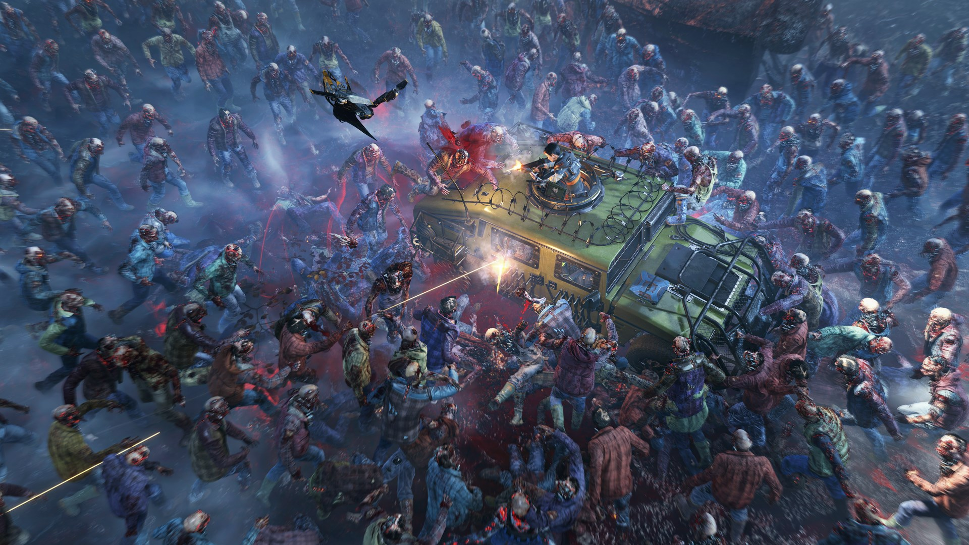 Un véhicule entouré de zombies. Une personne tire depuis celui-ci. Un avion futuriste vole dans le coin supérieur gauche.