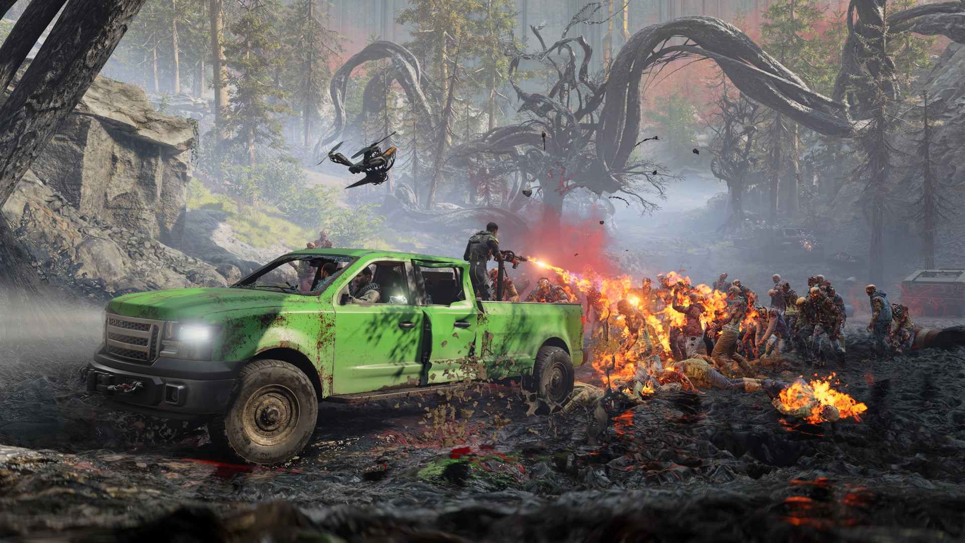 Un camion vert avec des gens tirant sur des zombies en feu. Un drone vole au-dessus. Forêt en arrière-plan avec de grandes racines d'arbres.