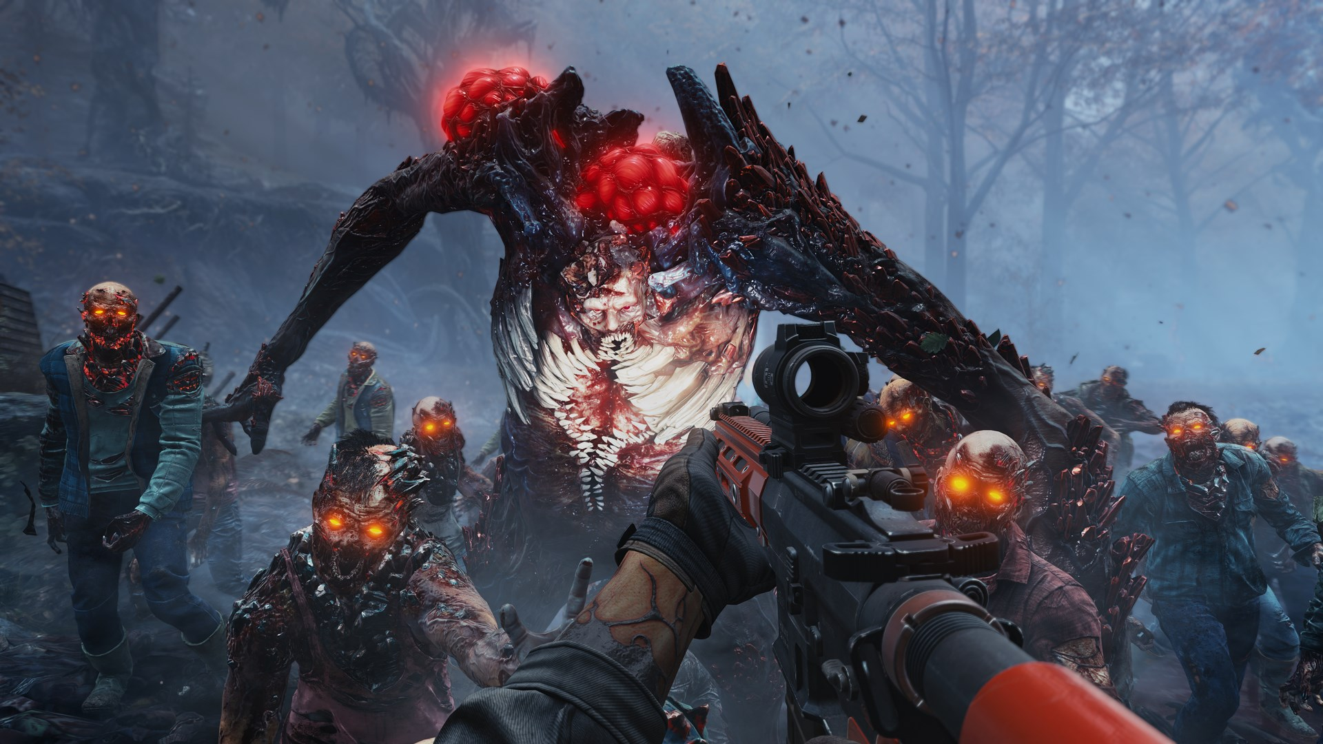 Vue à la première personne d'une arme tirant sur des zombies et un grand monstre aux yeux rouges brillants, entouré de zombies.