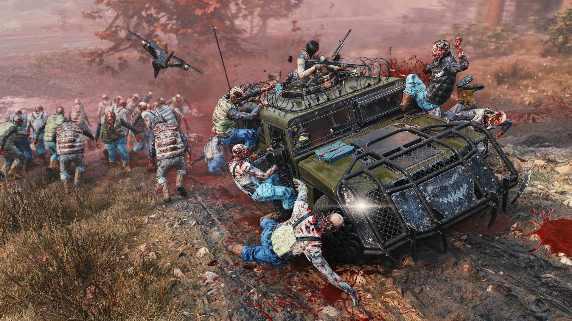 Des zombies attaquent un camion militaire. Des soldats tirent depuis le camion. Un drone vole au-dessus. Du sang éclaboussé sur le sol.
