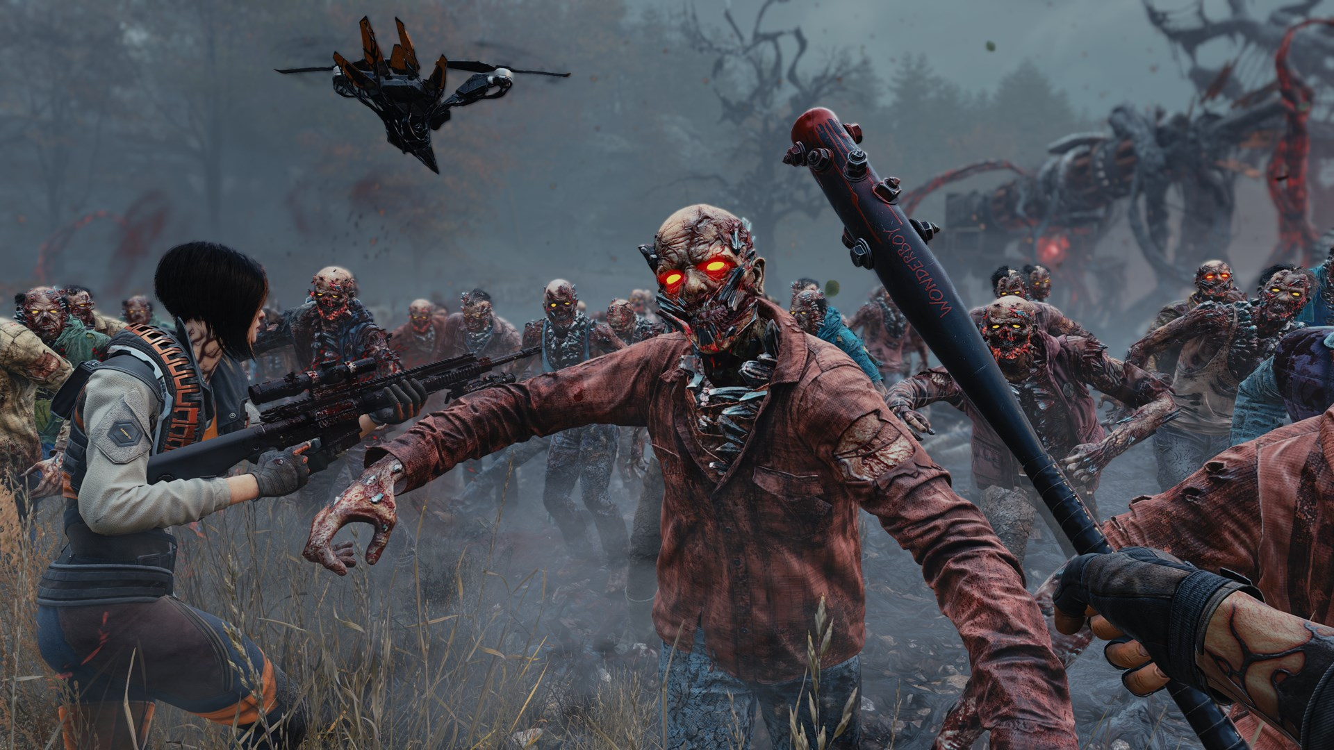 Une horde de zombies aux yeux brillants attaque. Une personne avec un fusil et une autre avec une batte ripostent. Un drone vole au-dessus.