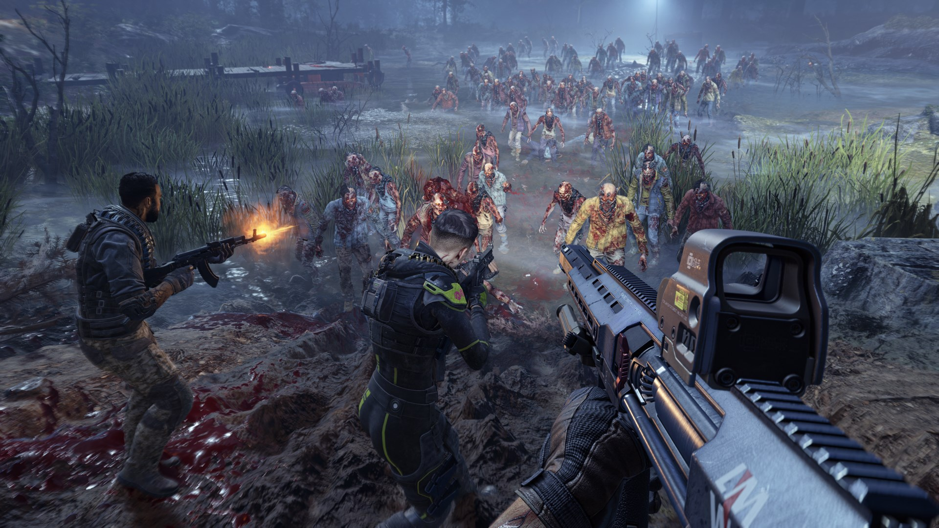 Des soldats tirent sur une horde de zombies dans une zone marécageuse. Du sang et des entrailles sont visibles. Des zombies sont proches.