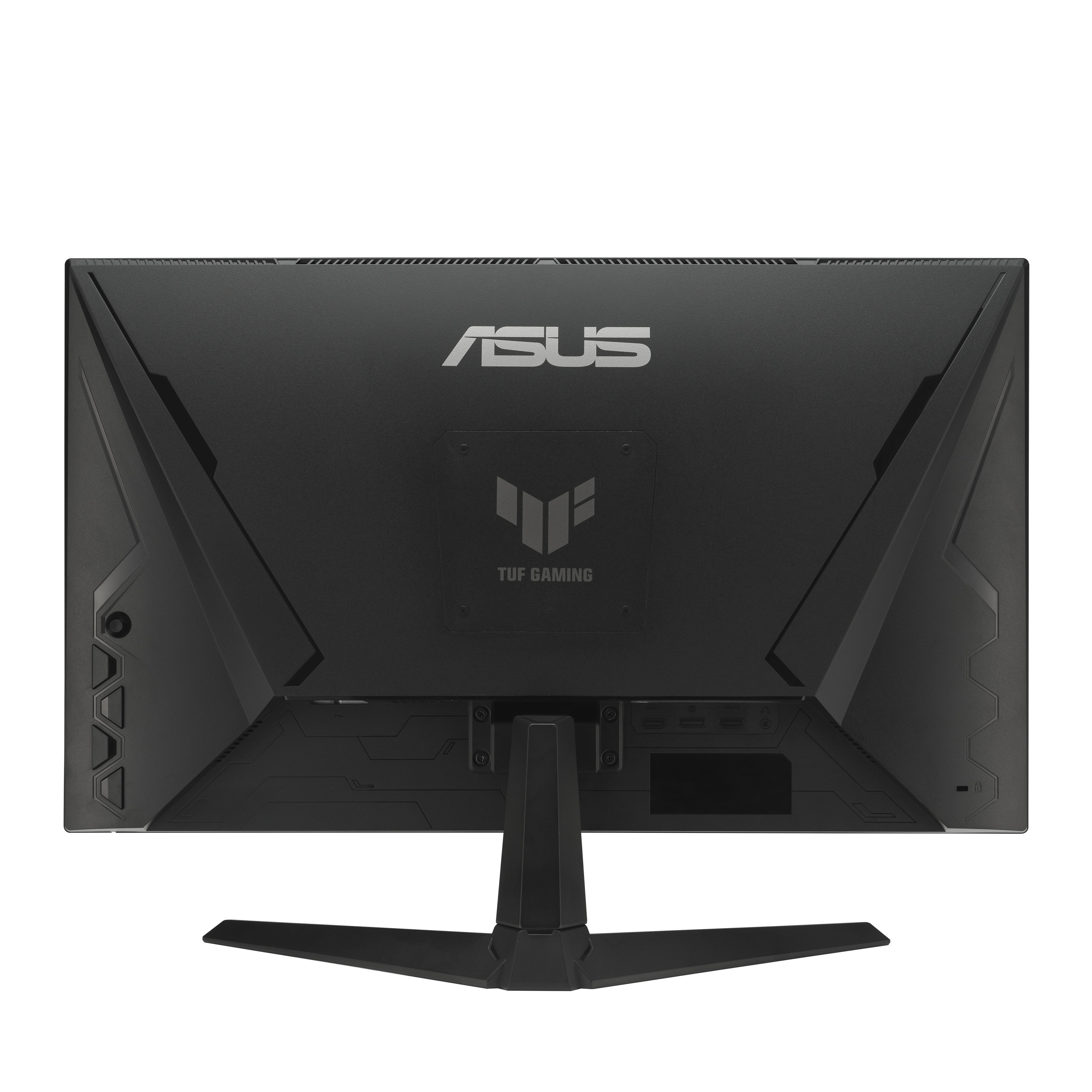 Czarny monitor ASUS TUF Gaming. Tył pokazuje logo ASUS i logo TUF Gaming. Posiada podstawkę.