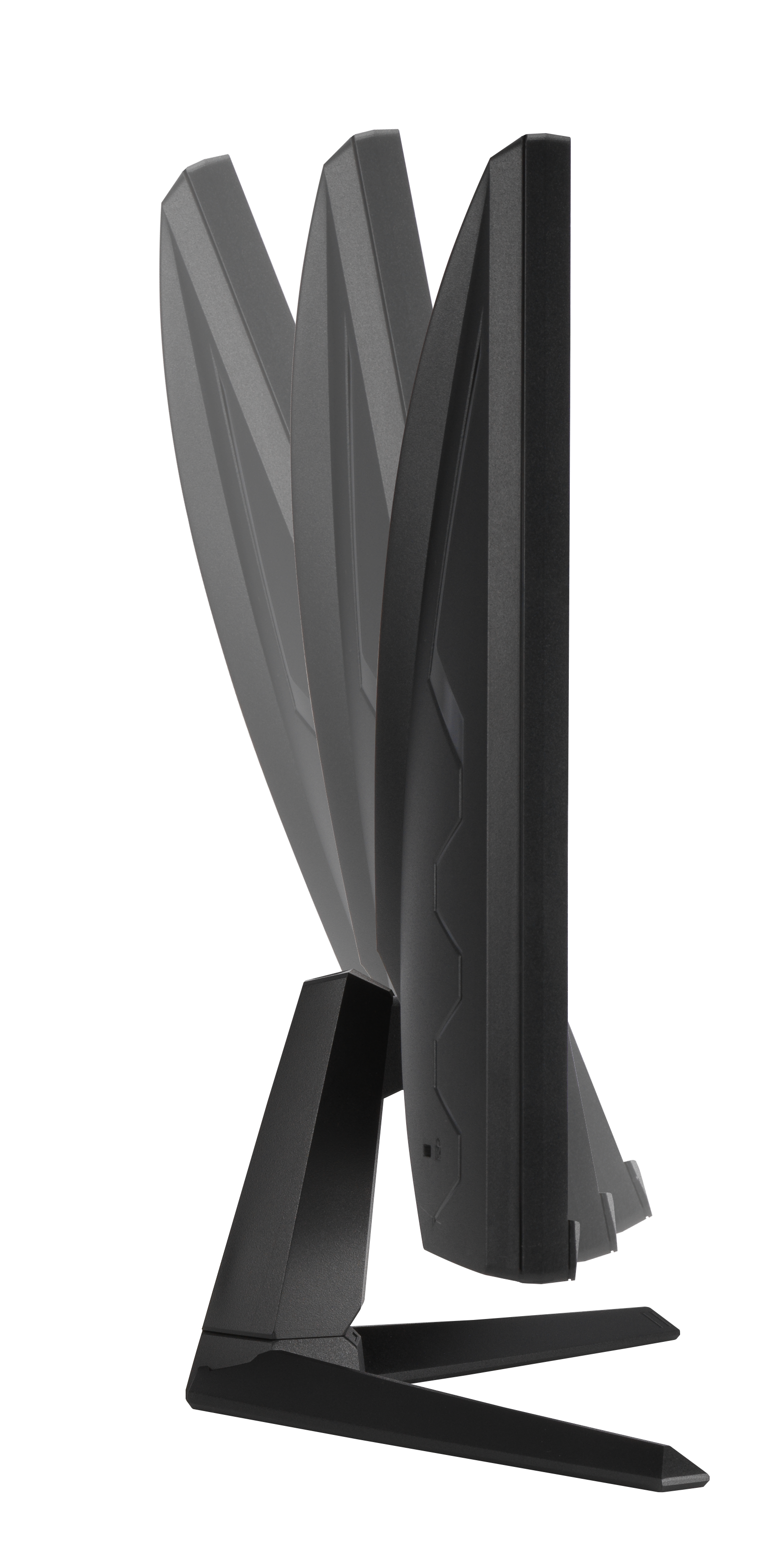 Widok z boku czarnego monitora komputera na czarnym tle. Monitor jest skierowany w górę i ma geometryczny kształt.