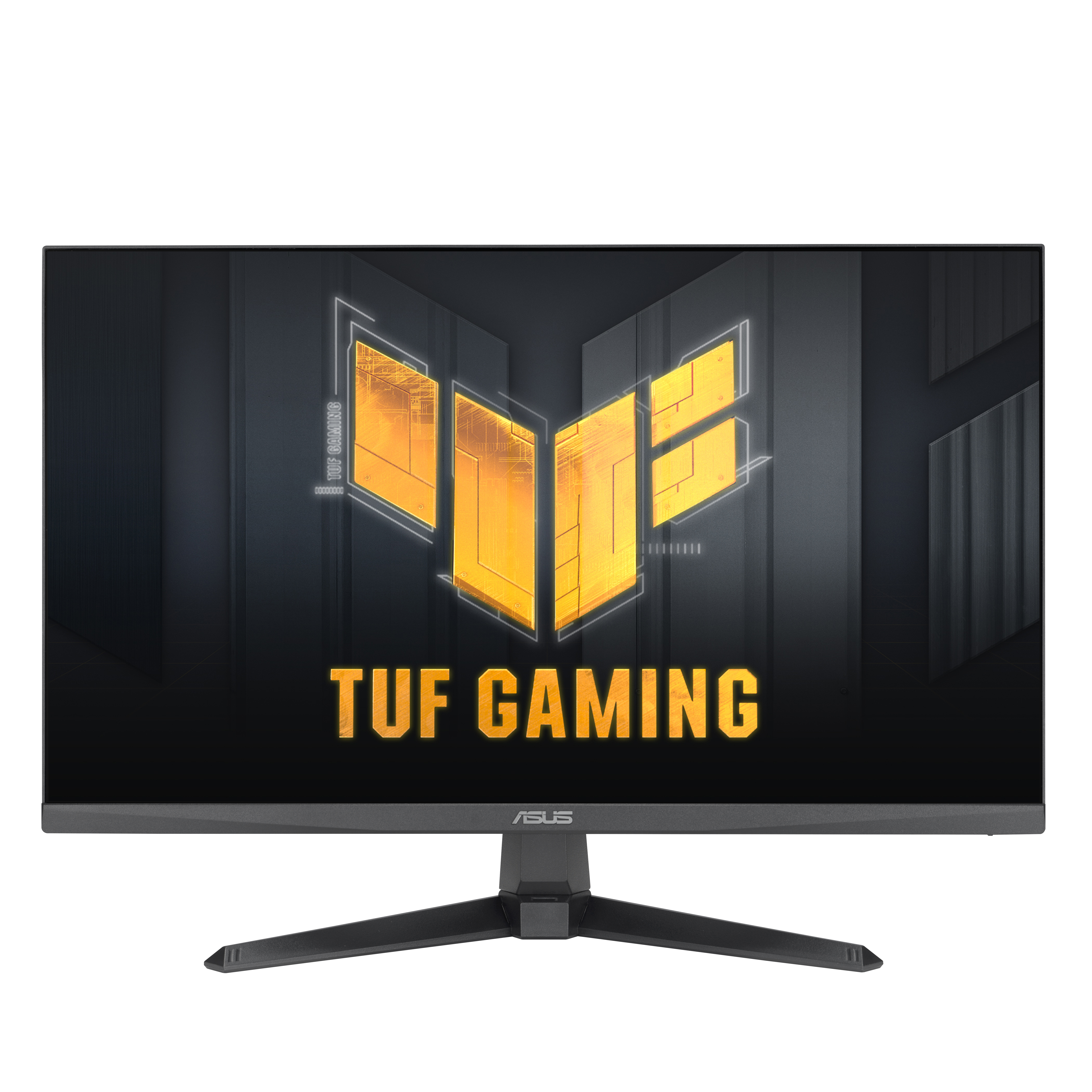 Wyświetlany jest monitor komputerowy z czarną ramką. Ekran wyświetla logo TUF GAMING w kolorze żółtym. Podstawa jest czarna.