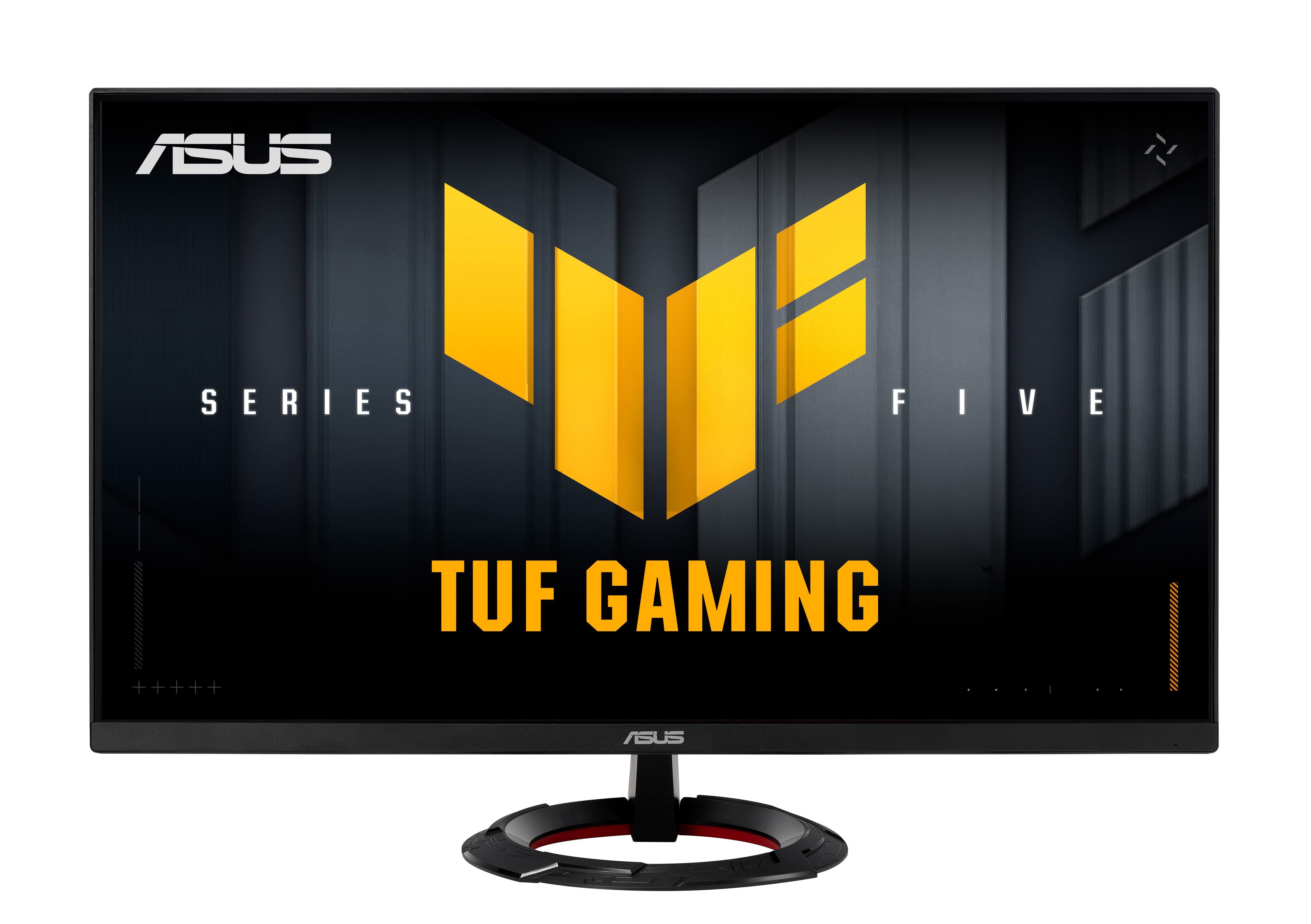 Monitor ASUS TUF Gaming z żółtym logo na czarnym ekranie. Ekran stoi na czarnej podstawie z czerwonym pierścieniem. Tło jest białe.