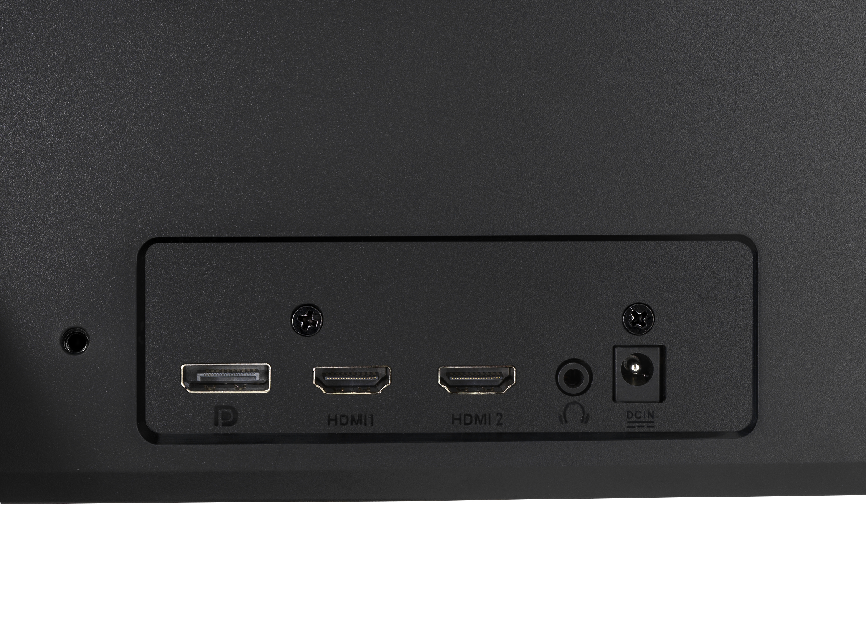 Zbliżenie na tył czarnego monitora pokazujące porty: ID, HDMI 1 i 2, gniazdo słuchawkowe i DC IN.