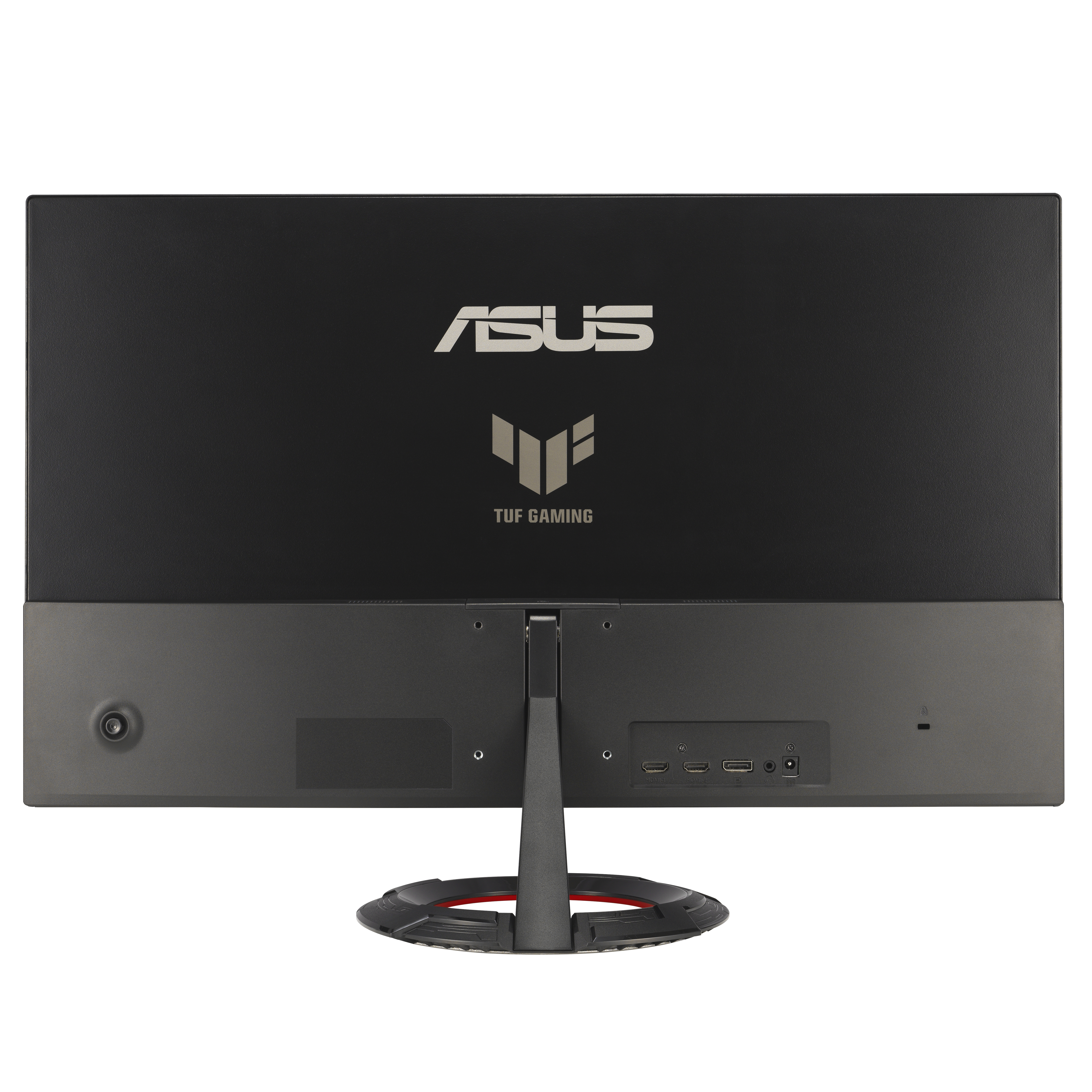Widok z tyłu czarnego monitora ASUS TUF Gaming. Widoczne logo. Posiada podstawę i różne porty.