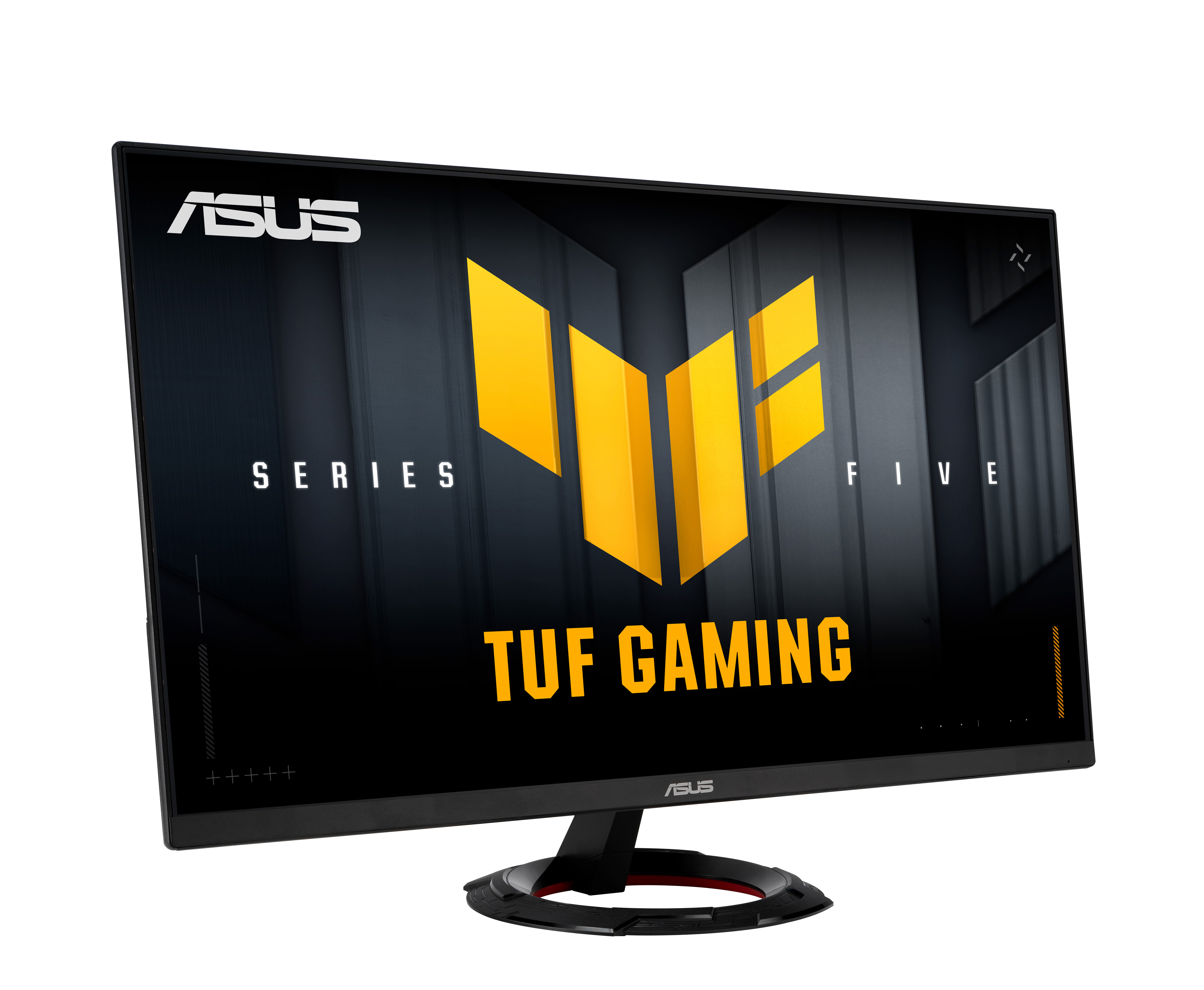 Monitor ASUS TUF Gaming. Czarna ramka, czarna podstawa z czerwonymi akcentami. Wyświetlacz z logo TUF Gaming w kolorze żółtym.
