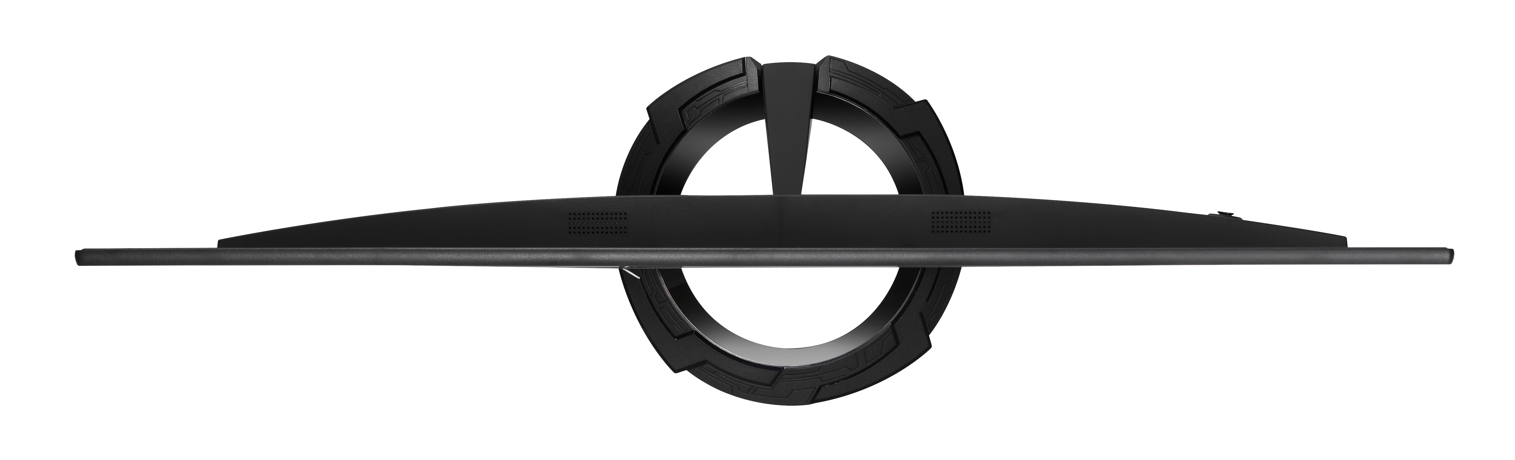 Widok z góry na czarny monitor komputera z unikalnym designem stojaka na białym tle.