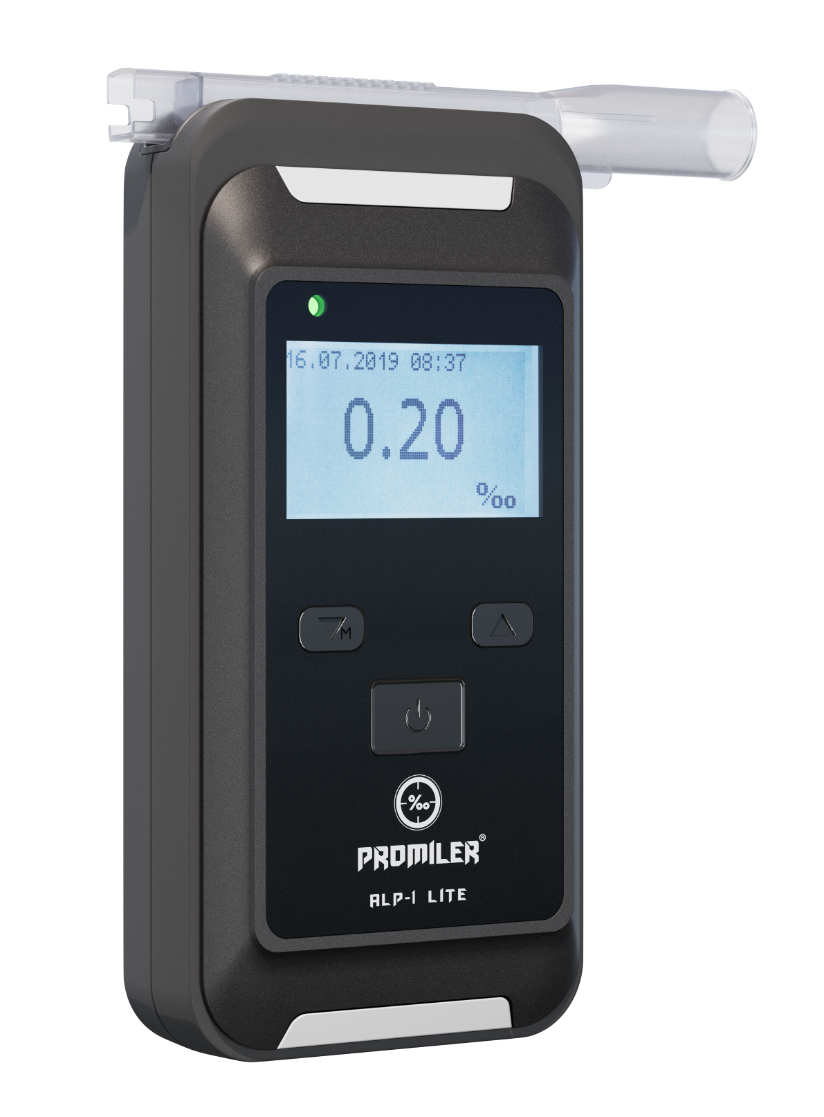 Czarny alkomat wyświetla 0,20% na ekranie. Ma ustnik i kilka przycisków. Marka to Promiler ALP-1 Lite.