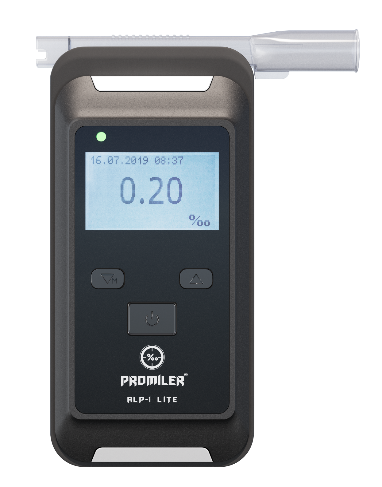 Czarny alkomat pokazuje 0,20% oraz datę i godzinę. Ma dołączony ustnik. Marka to Promiler.