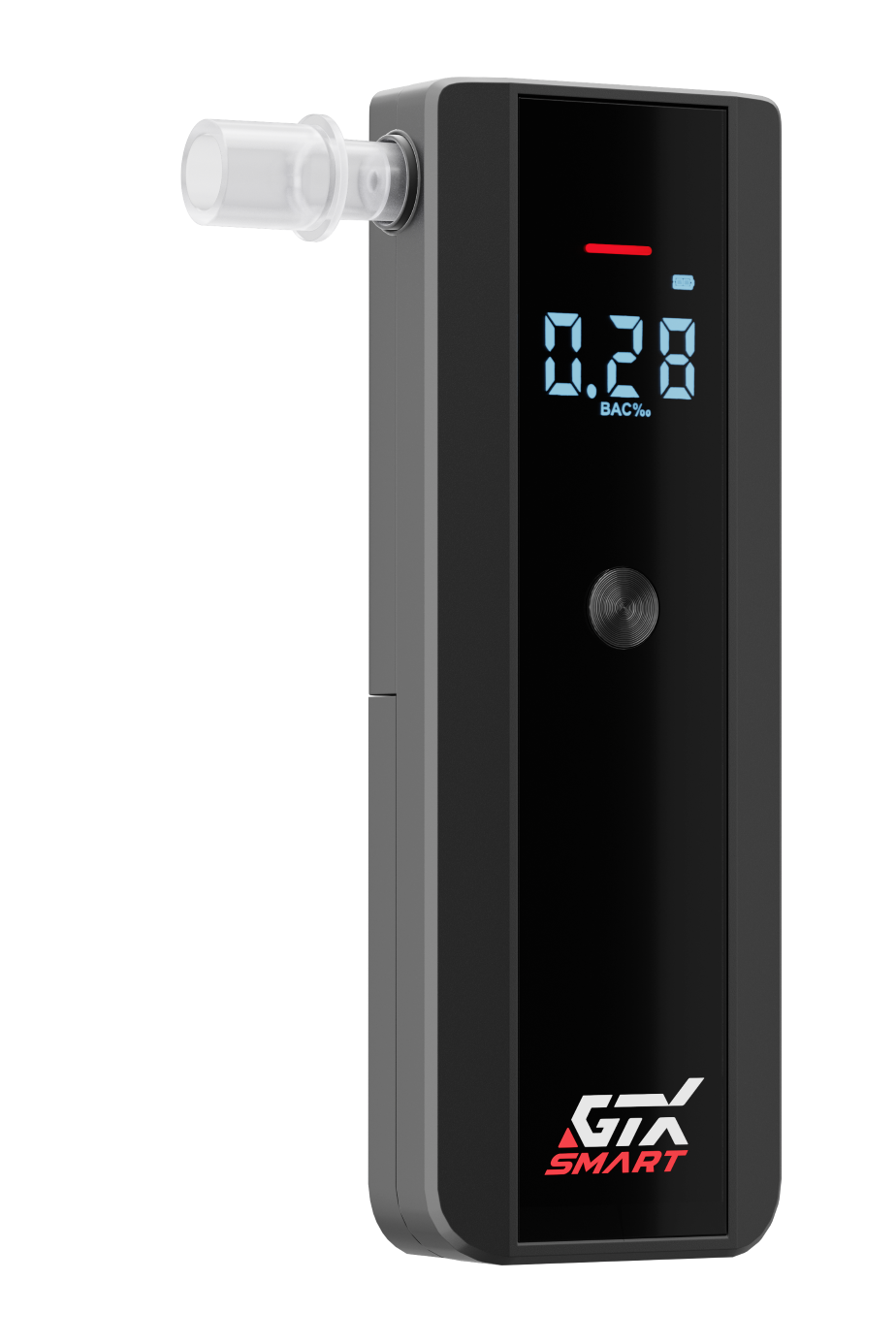 Czarny alkomat pokazuje 0.28 BAC%. Ma ustnik, przycisk i logo 'GTX SMART'. Tło jest czarne.