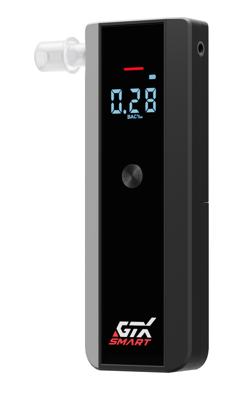 Czarny alkomat pokazuje 0,28 BAC, z ustnikiem po lewej. Nazwa marki GTX Smart jest na dole.