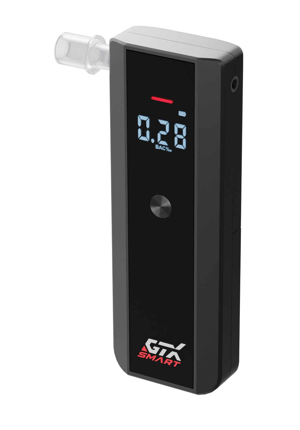 Czarny alkomat wyświetla 0,28% BAC. Ma ustnik, przycisk i logo GTX Smart.