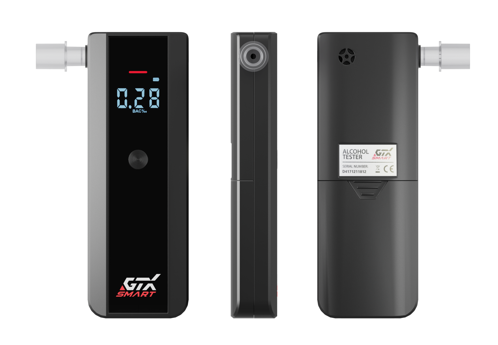 Alkomat z trzema widokami. Przód wyświetla 0,28 BAC%. Widok z boku jest smukły. Tył ma etykietę: Alkomat, GTX Smart.