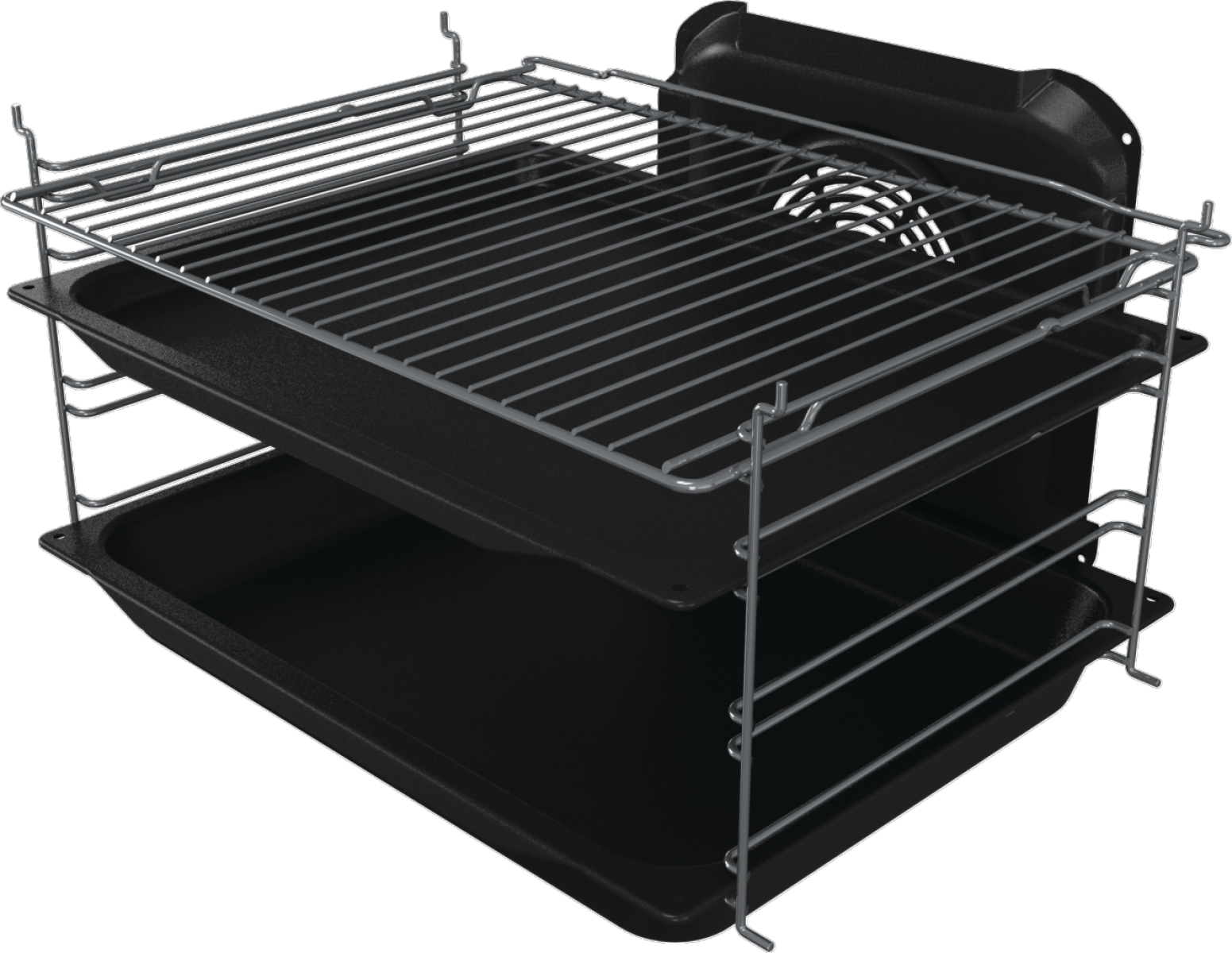 Stojak do piekarnika z trzema poziomami i czarną blachą. Stojak jest metalowy, tło czarne.