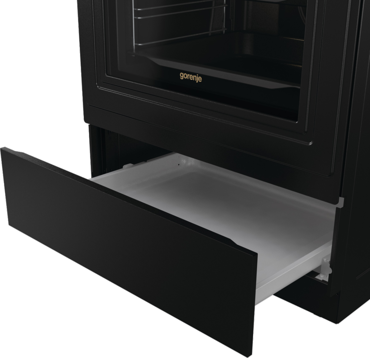 Czarny piekarnik Gorenje z otwartą szufladą. Wewnątrz piekarnika widoczna jest taca. Szuflada jest wysunięta, odsłaniając białą tacę.