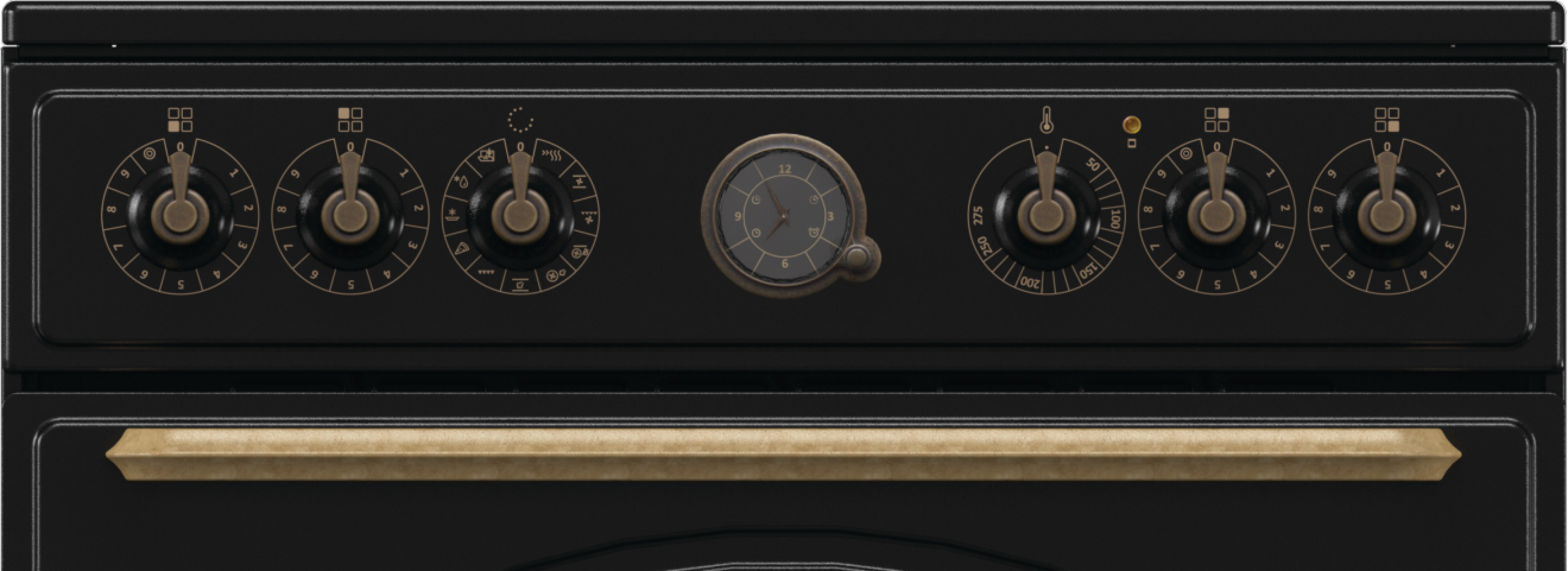 Czarny piekarnik z mosiężnymi pokrętłami i uchwytem. Pokrętła ustawione dla temperatury i funkcji. Zegar pośrodku.