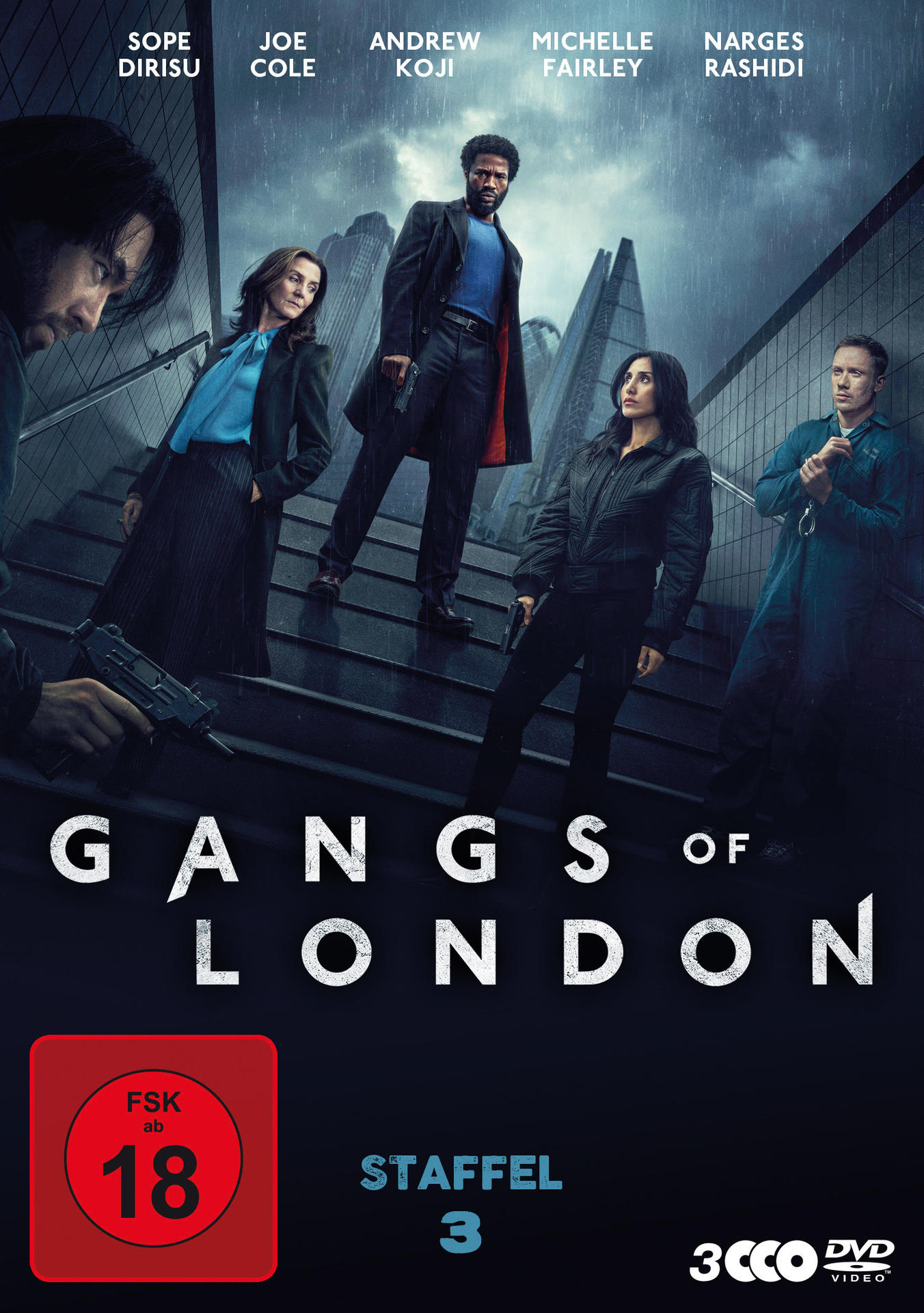 Poster für die Serie Gangs of London. Mit Schauspielern, Stadtkulisse und dem Titel der Serie. Bewertung 18.