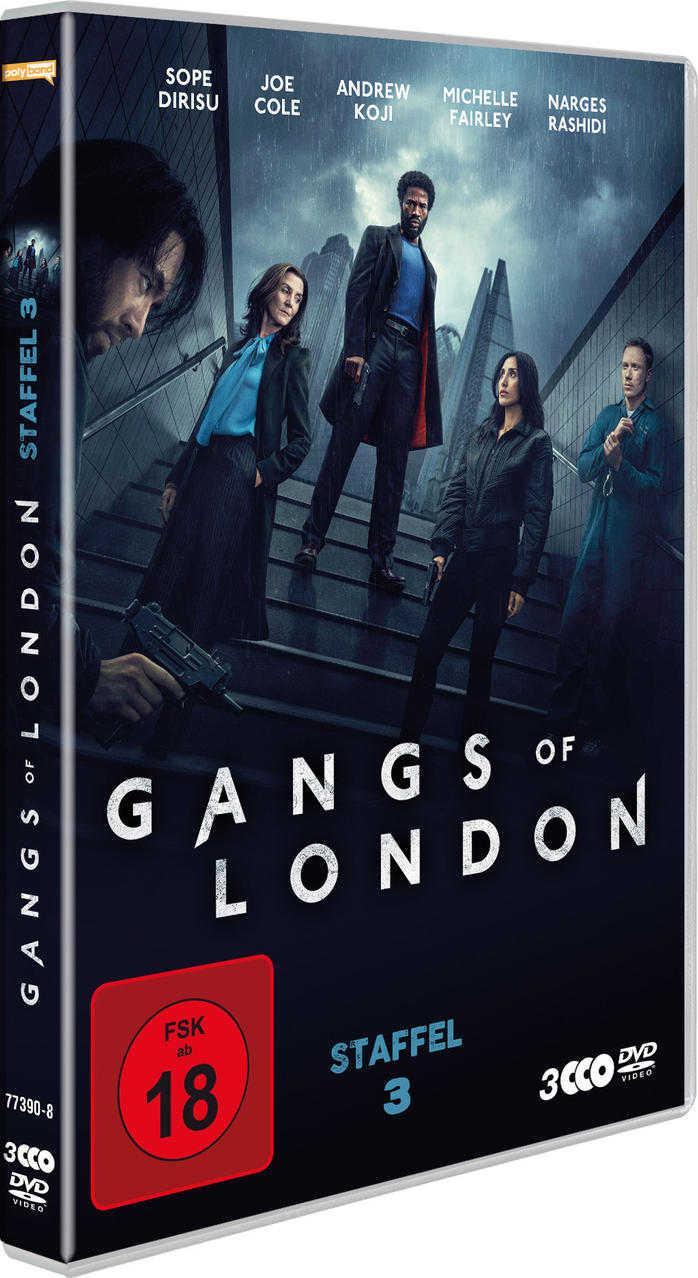 DVD-Cover von Gangs of London Staffel 3. Zeigt Schauspieler und den Titel der Serie. Roter FSK 18-Aufkleber unten.