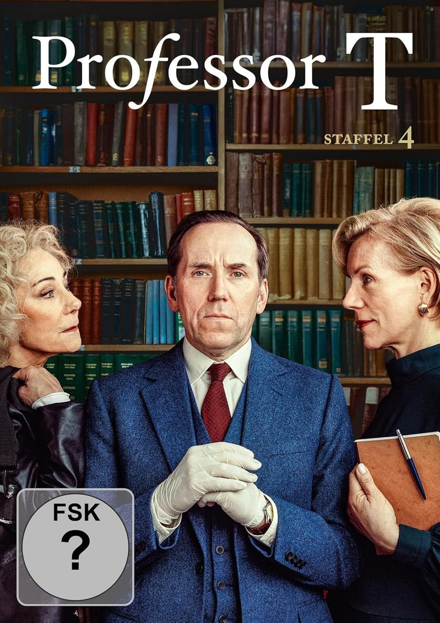 Professor T, Staffel 4 Poster. Ein Mann in blauem Anzug mit Handschuhen steht zwischen zwei Frauen. Bücherregale im Hintergrund.