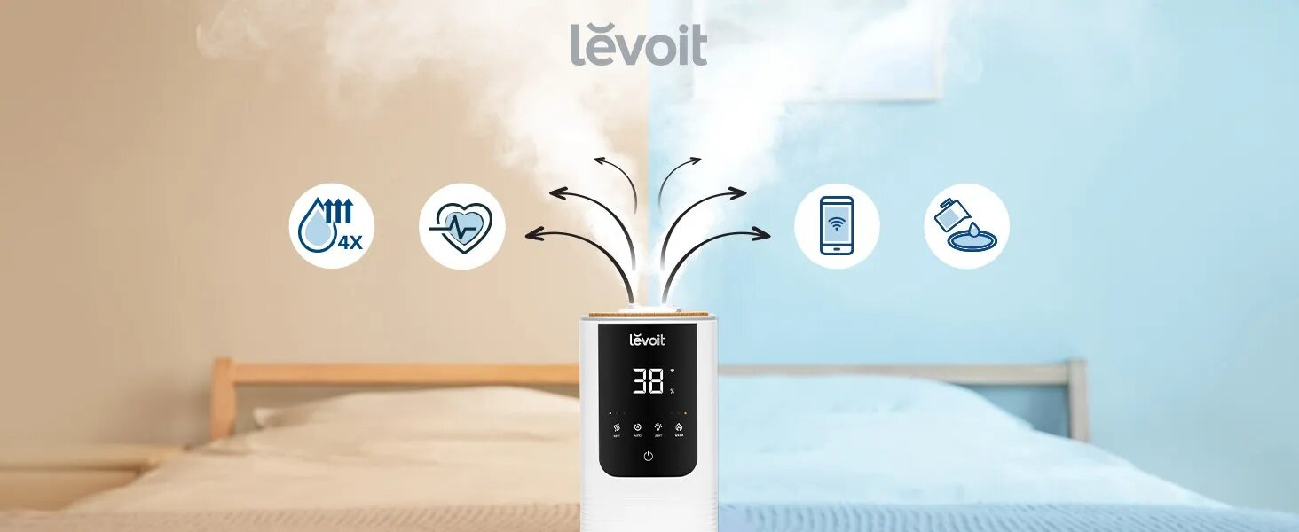 Nawilżacz z wyświetlaczem cyfrowym. Ikony pokazują funkcje, takie jak wilgotność, tętno, sterowanie smartfonem i uzupełnianie wody.