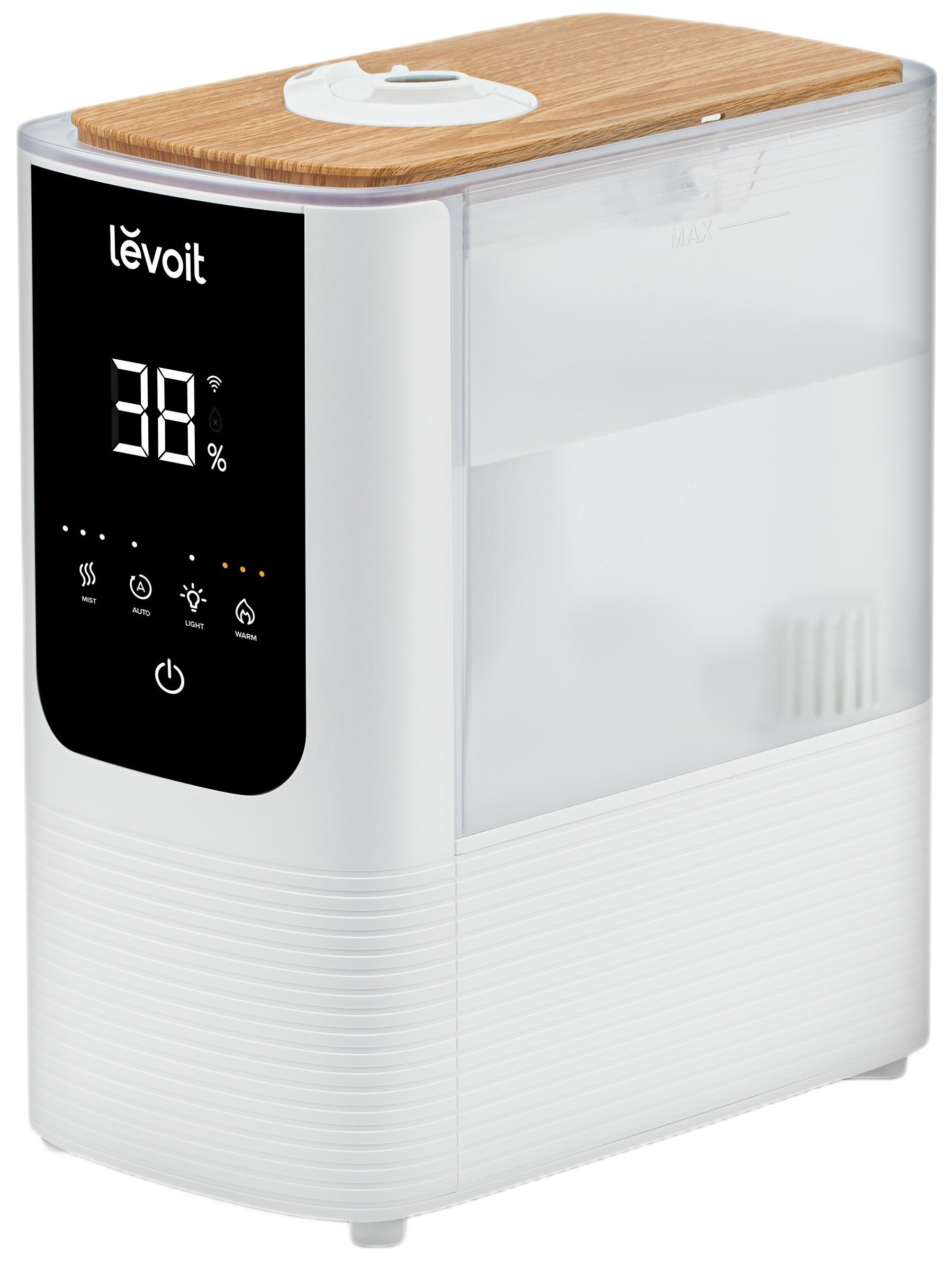 Biały nawilżacz powietrza Levoit z drewnianym blatem, wyświetlaczem cyfrowym 38% i panelem sterowania z ikonami funkcji.